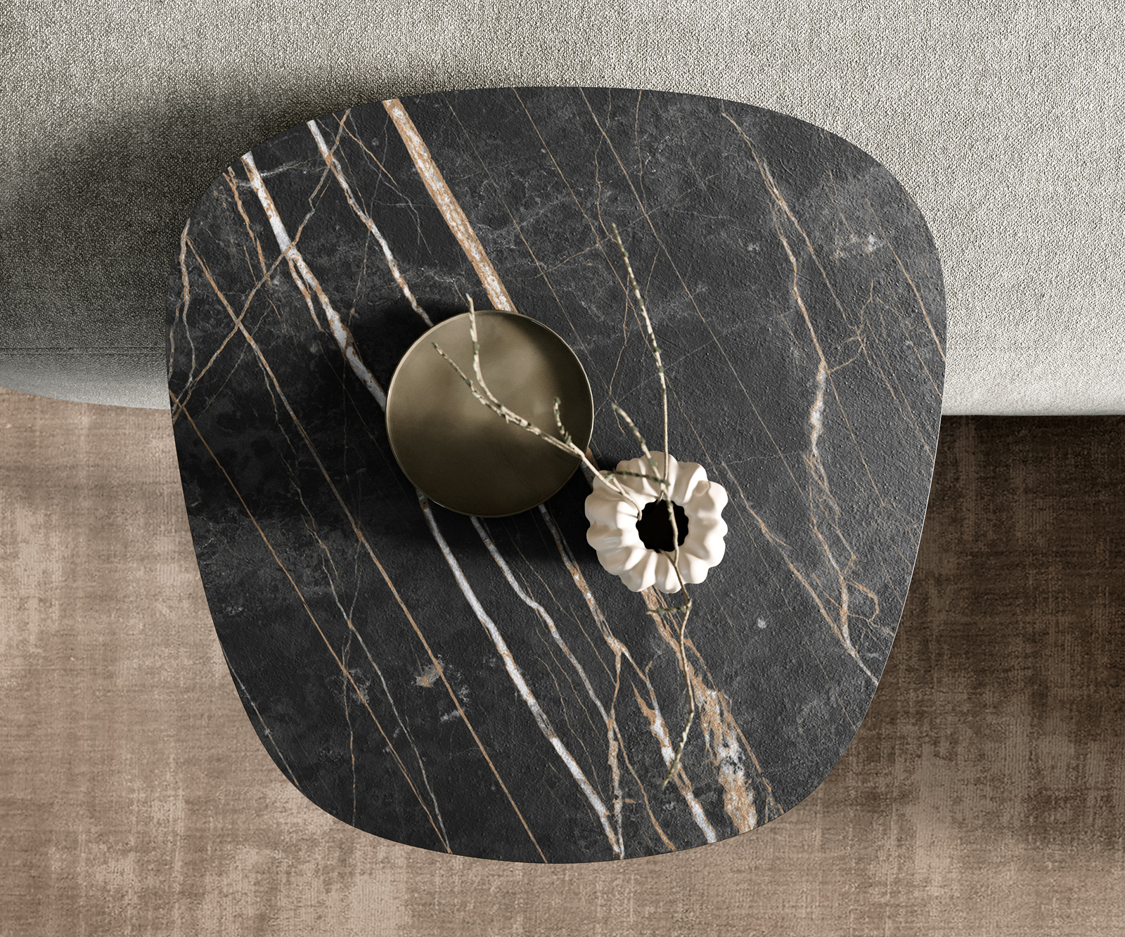 Dohányzóasztal Edge hajóformájú 60x60 cm Laminam® kerámia Noir Desir barna Eleny szálcsiszolt rozsdamentes acél - Image 4