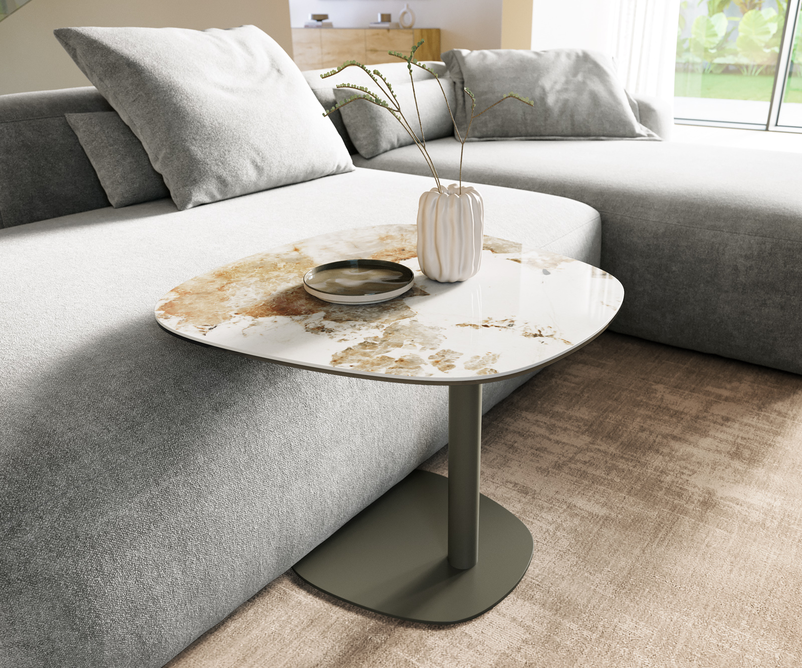 Dohányzóasztal Edge hajóformájú 60x60 cm kerámia Minas melange Eleny fém titán színű effektfinish