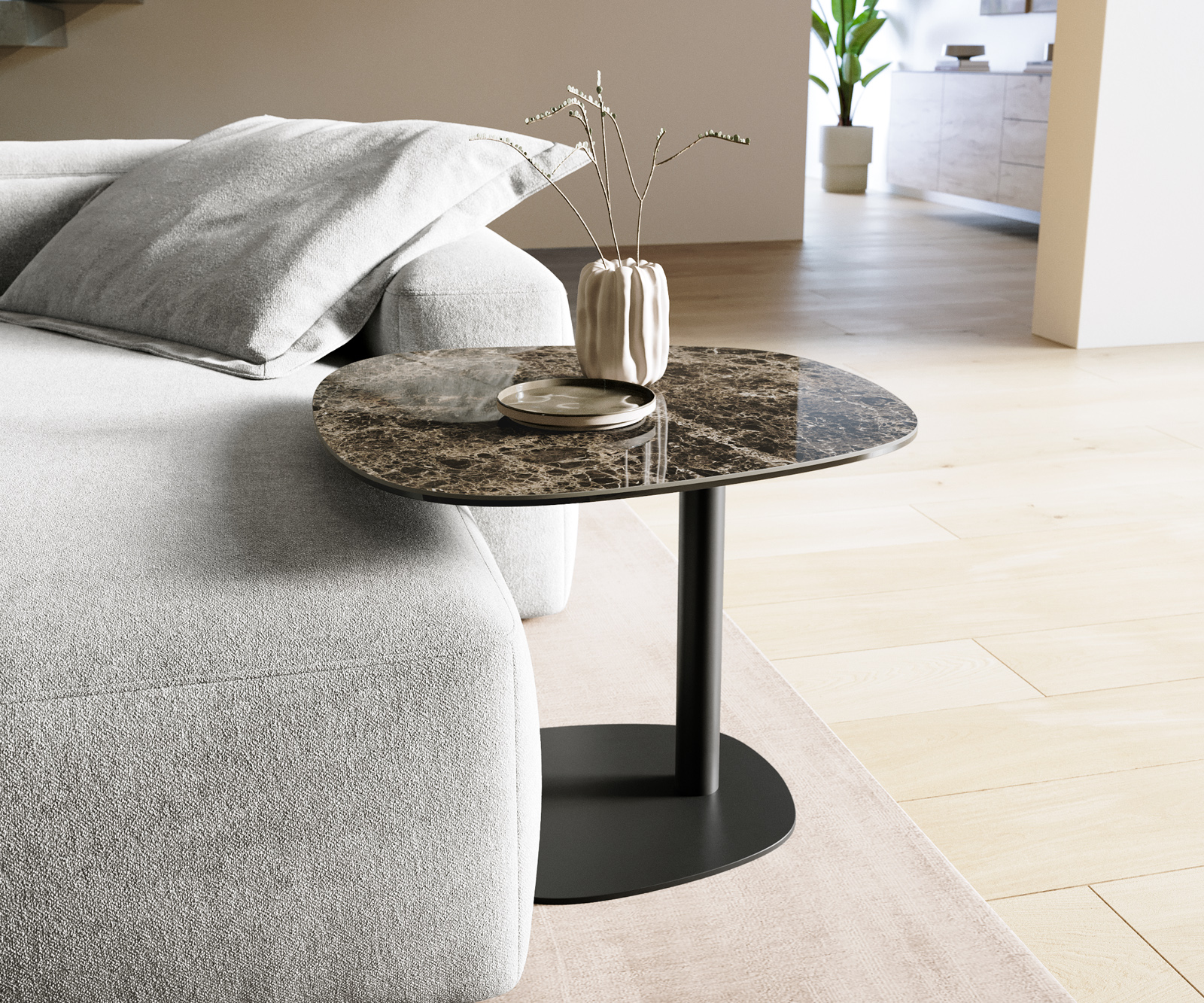 Dohányzóasztal Edge hajóformájú 60x60 cm Laminam® Emperador kerámia extra polírozott sötétbarna Eleny fém fekete - Image 2