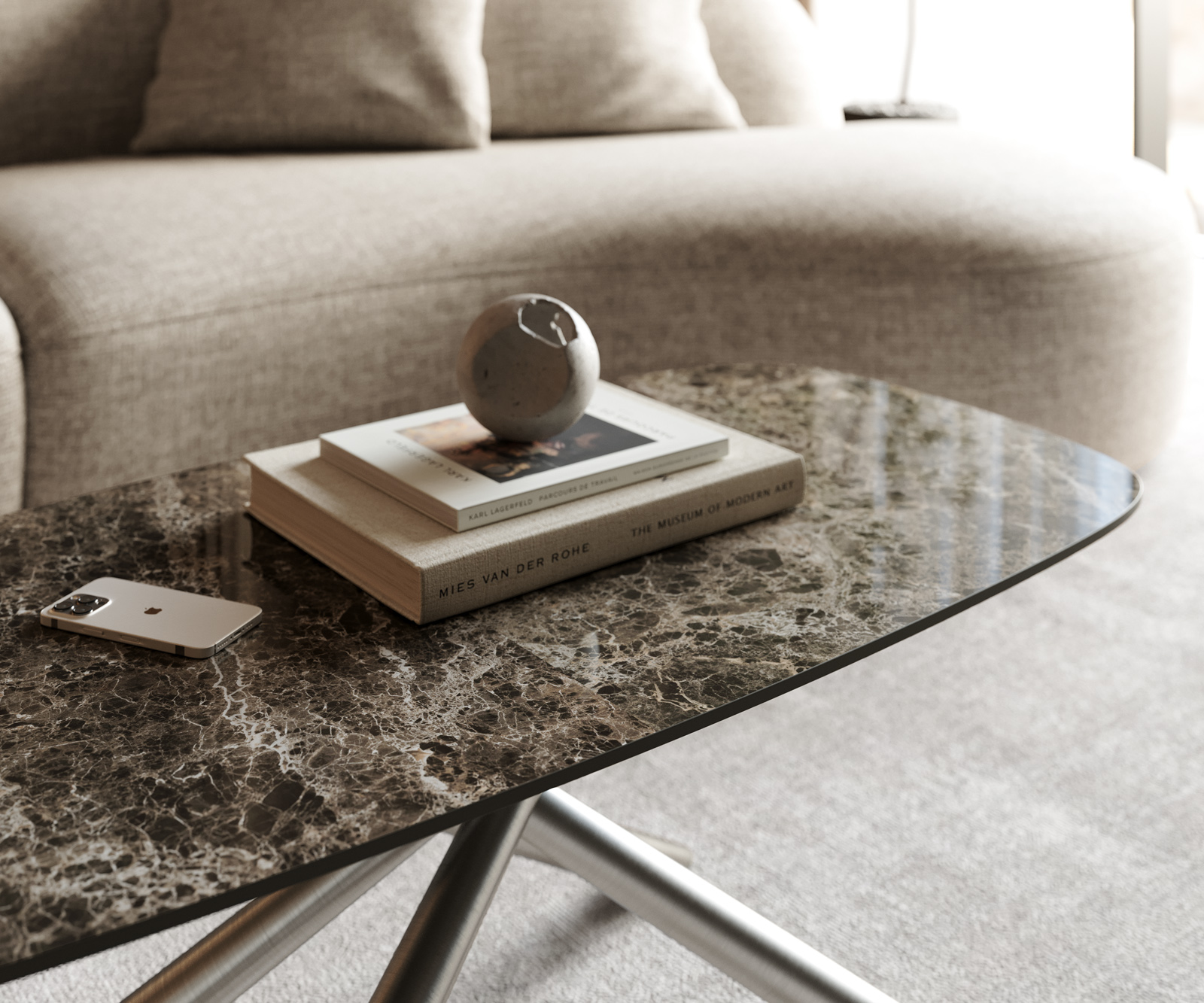 Dohányzóasztal Edge hajóformájú 100x50 cm Laminam® Emperador kerámia extra polírozott sötétbarna Sarity rozsdamentes acél szálcsiszolt - Image 6