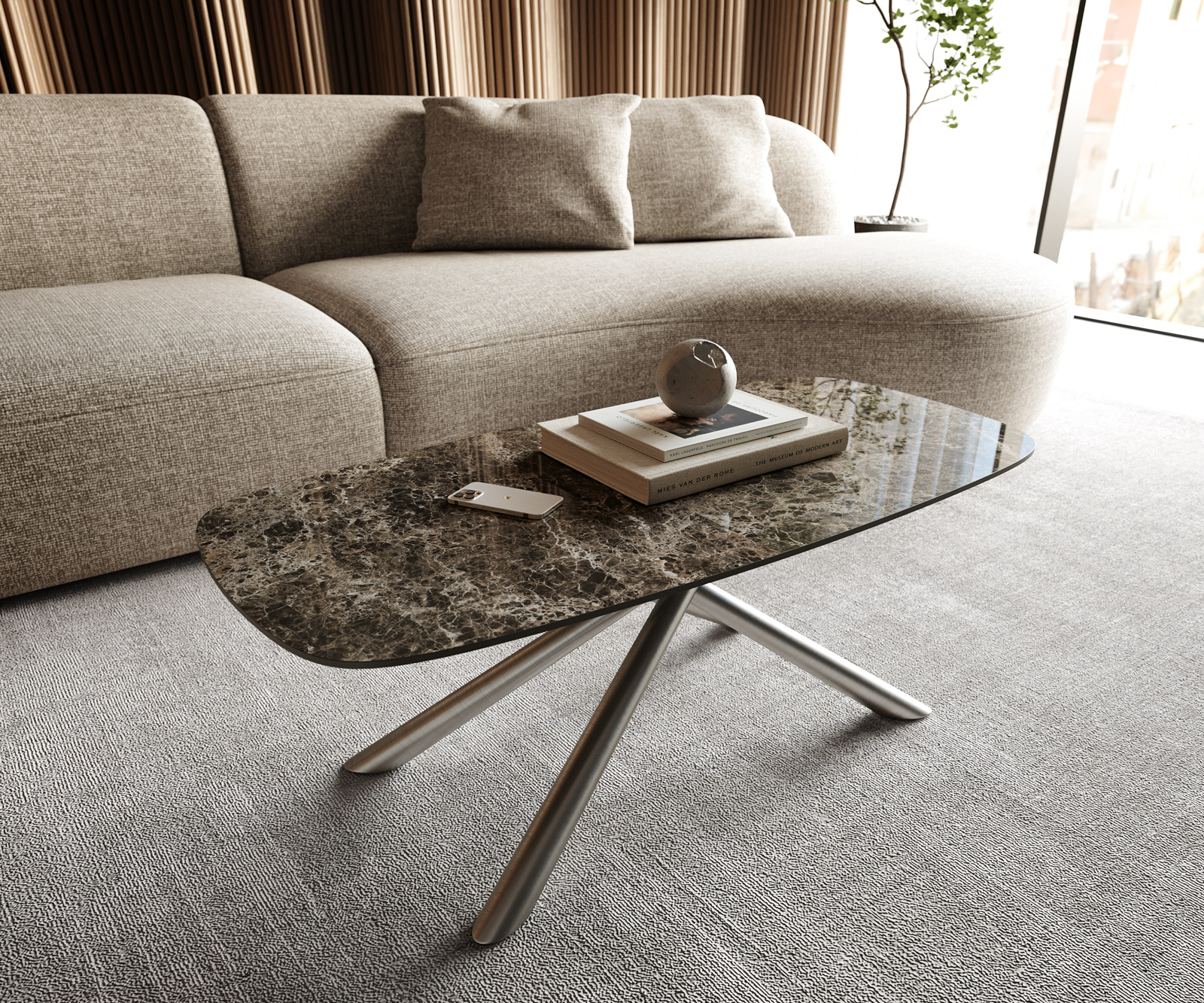 Dohányzóasztal Edge hajóformájú 100x50 cm Laminam® Emperador kerámia extra polírozott sötétbarna Sarity rozsdamentes acél szálcsiszolt