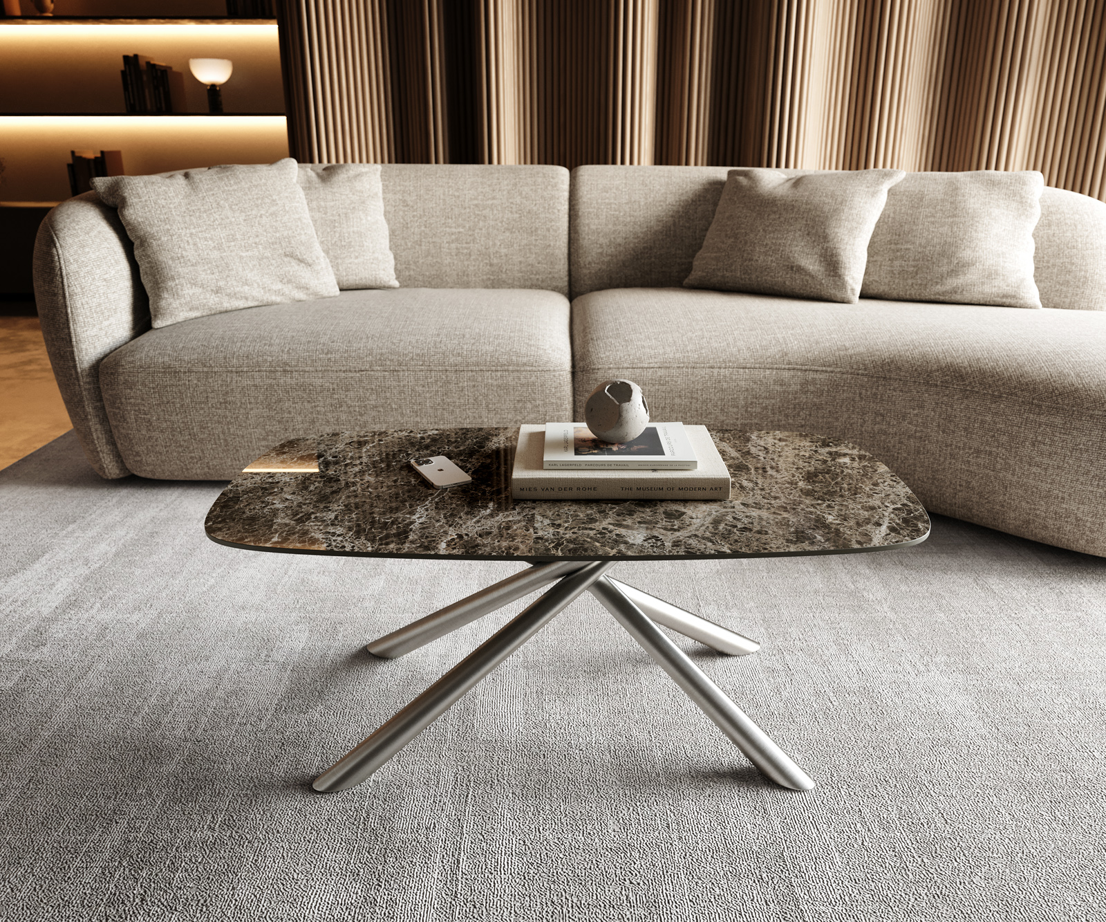 Dohányzóasztal Edge hajóformájú 100x50 cm Laminam® Emperador kerámia extra polírozott sötétbarna Sarity rozsdamentes acél szálcsiszolt - Image 2