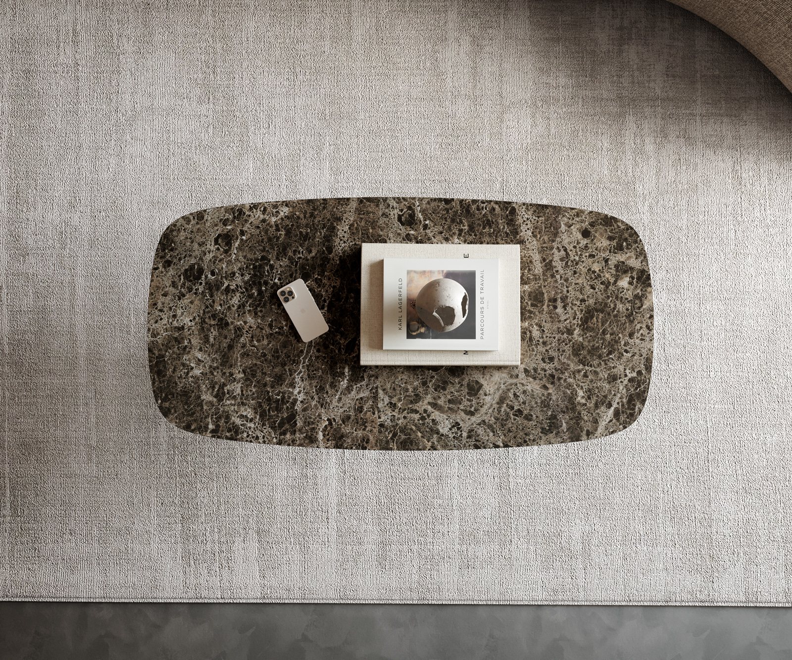 Dohányzóasztal Edge hajóformájú 100x50 cm Laminam® Emperador kerámia extra polírozott sötétbarna Sarity rozsdamentes acél szálcsiszolt - Image 4