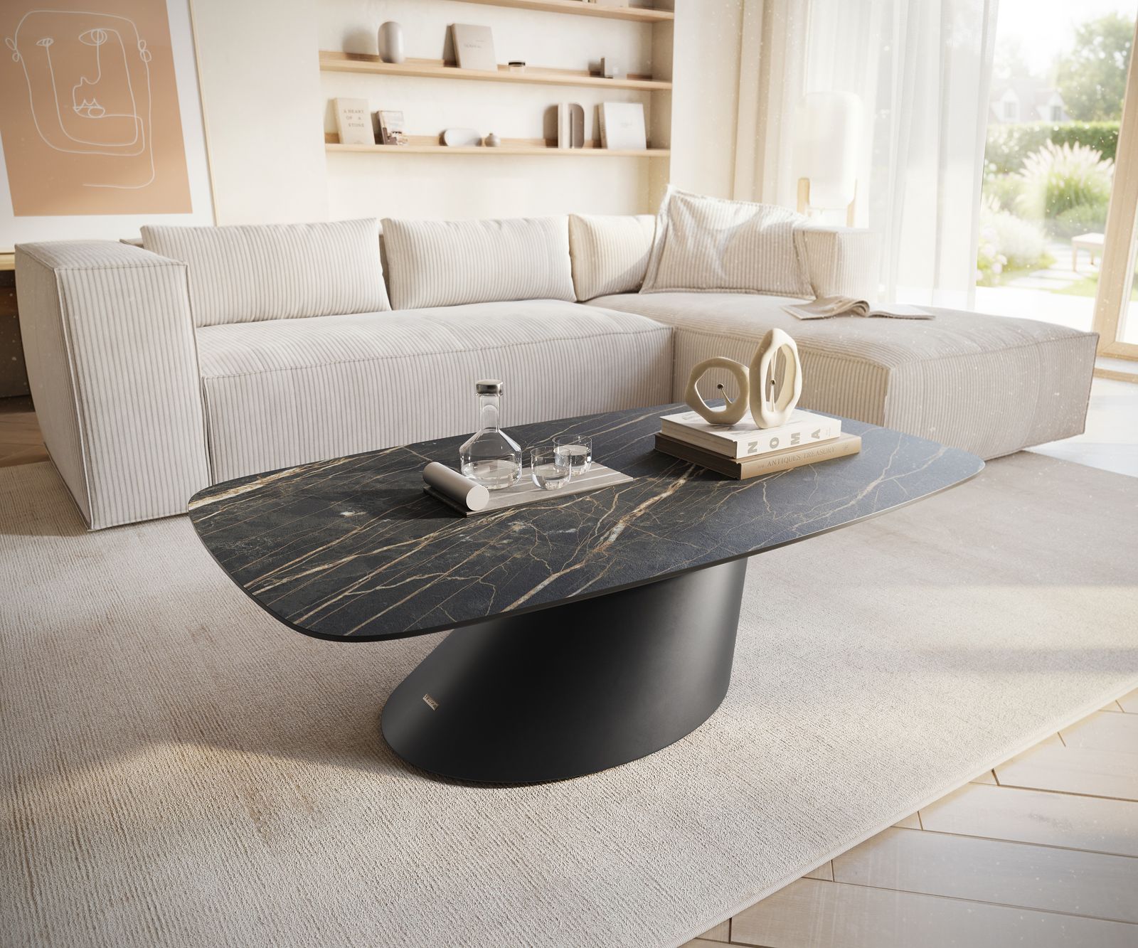 Dohányzóasztal Edge hajóformájú 120x70 cm Laminam® kerámia Noir Desir barna Conis fém fekete