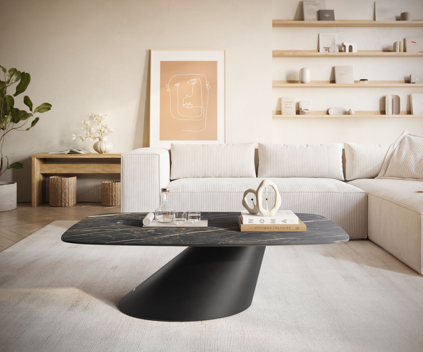 Dohányzóasztal Edge hajóformájú 120x70 cm Laminam® kerámia Noir Desir barna Conis fém fekete - Image 2