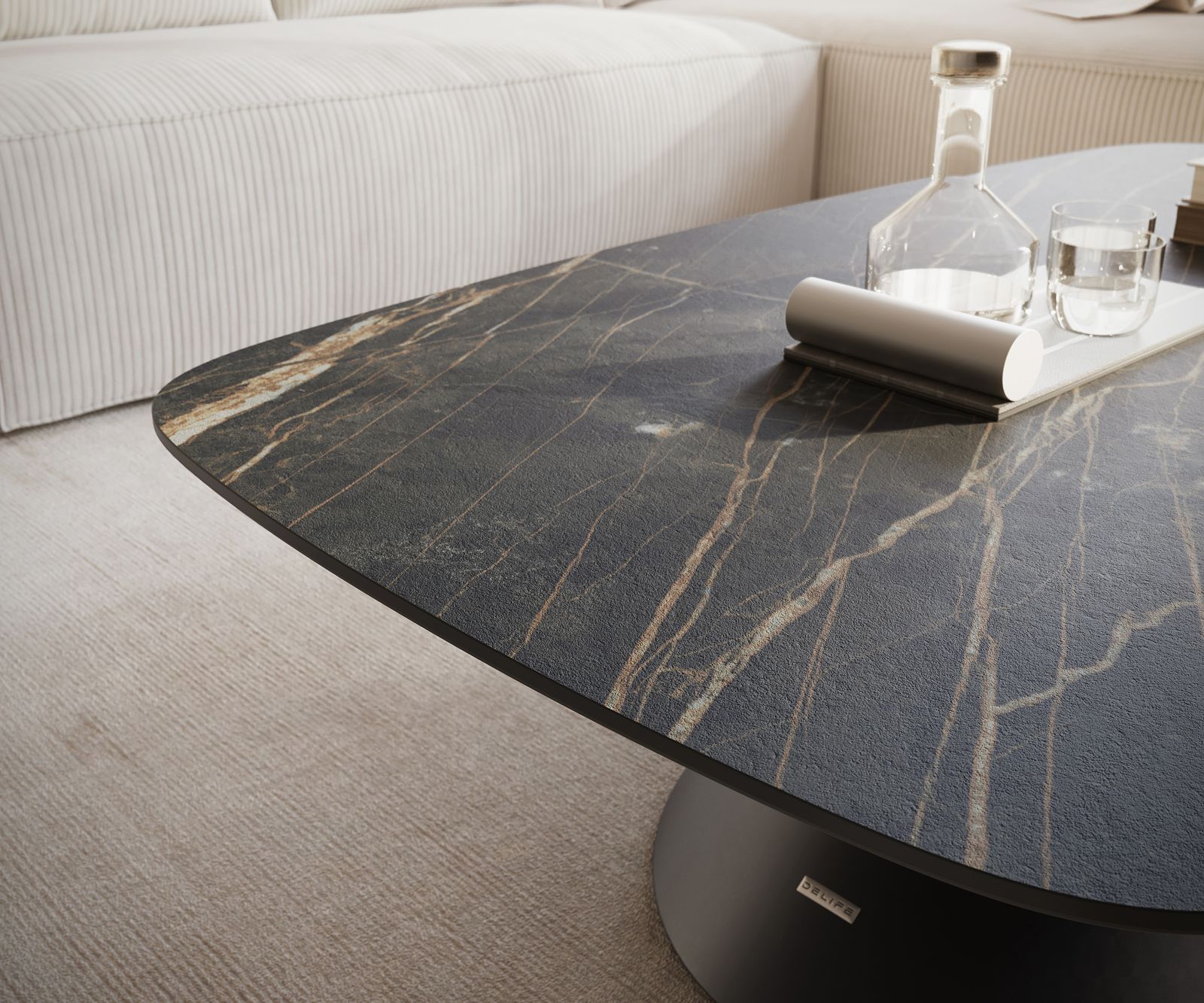 Dohányzóasztal Edge hajóformájú 120x70 cm Laminam® kerámia Noir Desir barna Conis fém fekete - Image 6