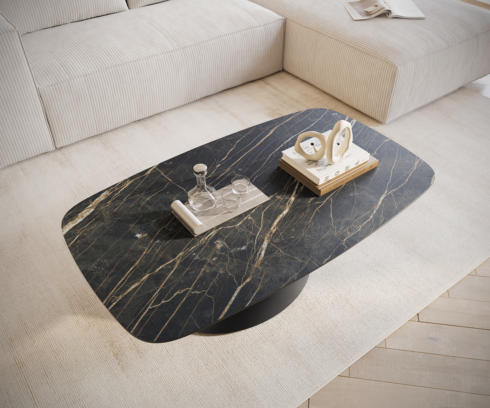 Dohányzóasztal Edge hajóformájú 120x70 cm Laminam® kerámia Noir Desir barna Conis fém fekete - Image 4