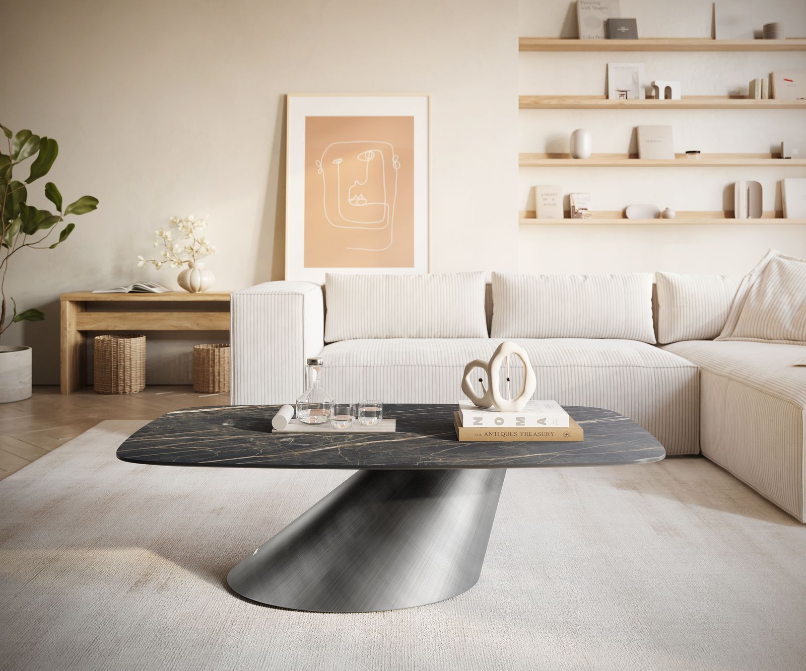 Dohányzóasztal Edge hajóformájú 120x70 cm Laminam® kerámia Noir Desir barna Conis metál ezüst - Image 2