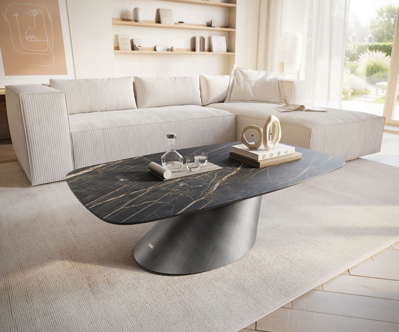 Dohányzóasztal Edge hajóformájú 120x70 cm Laminam® kerámia Noir Desir barna Conis metál ezüst