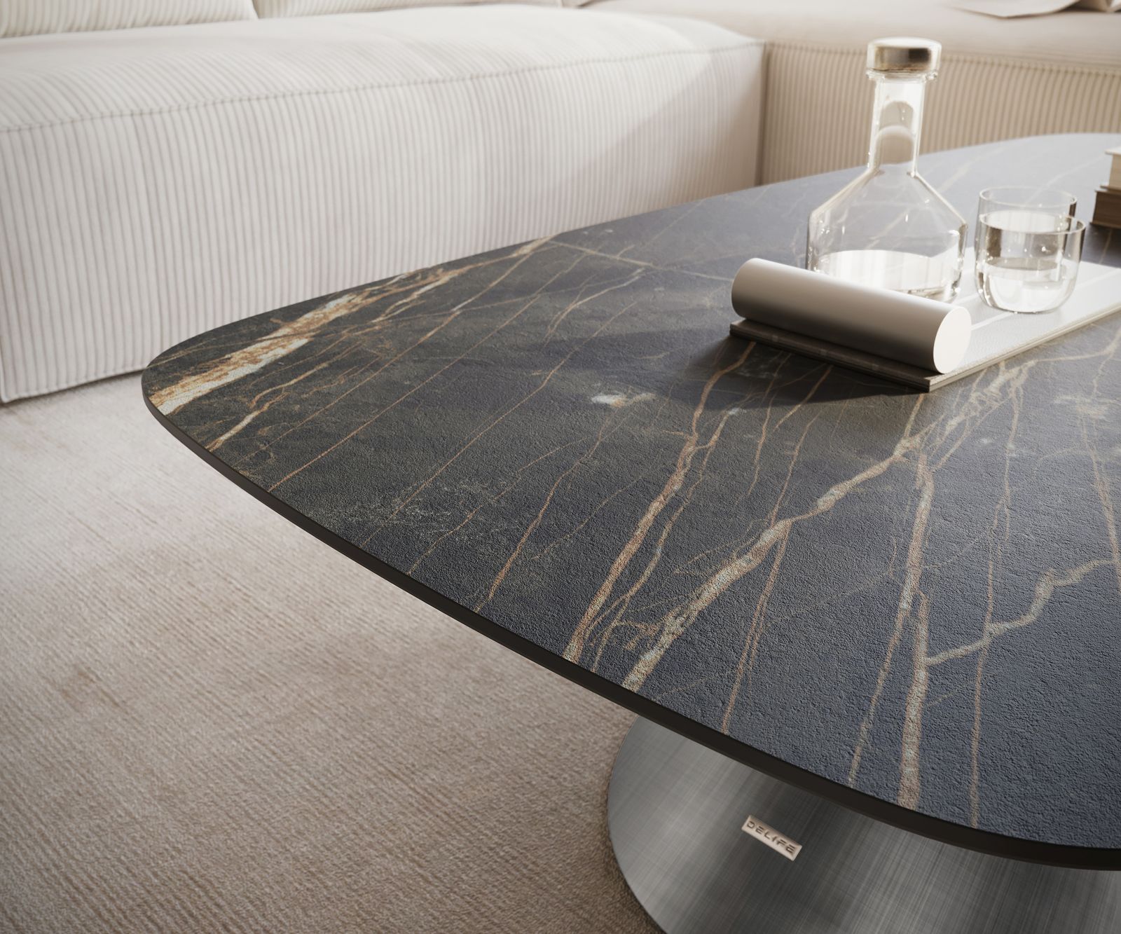 Dohányzóasztal Edge hajóformájú 120x70 cm Laminam® kerámia Noir Desir barna Conis metál ezüst - Image 6