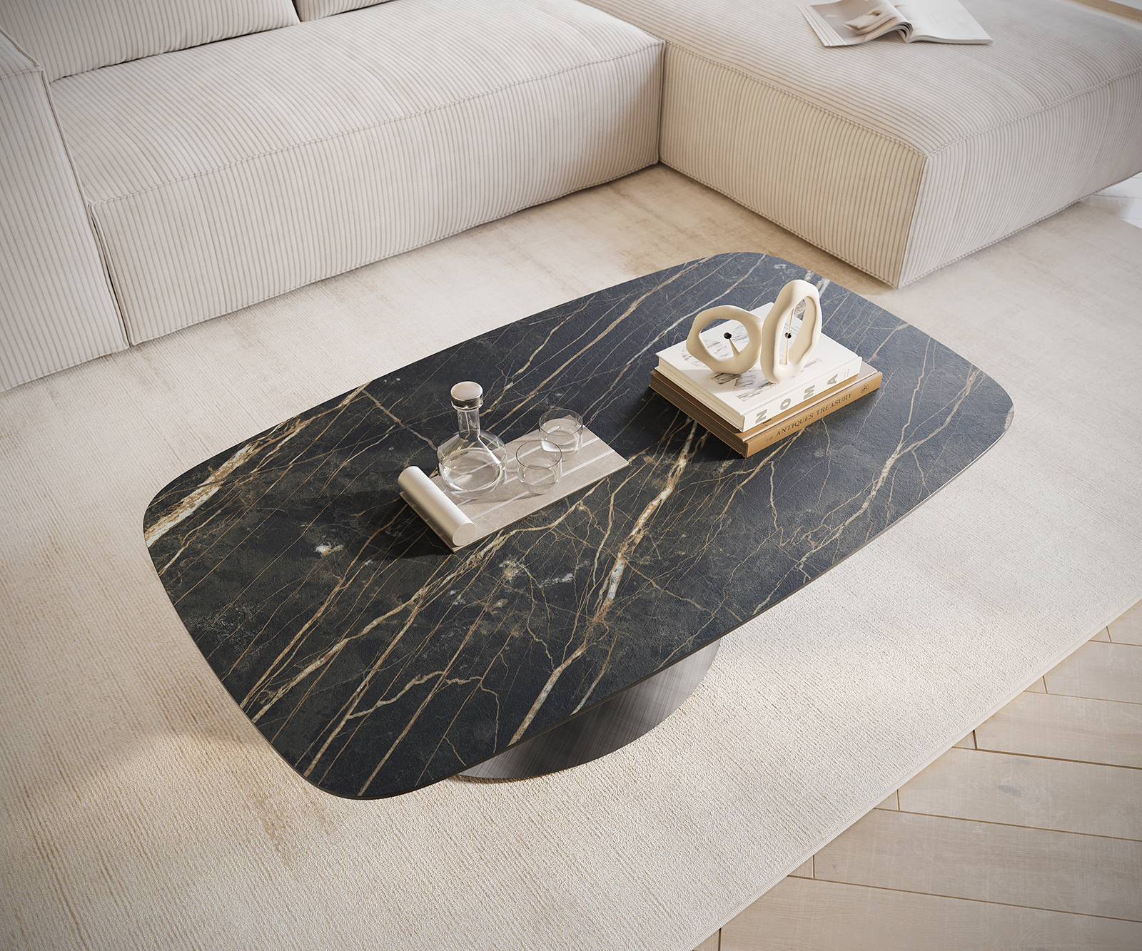 Dohányzóasztal Edge hajóformájú 120x70 cm Laminam® kerámia Noir Desir barna Conis metál ezüst - Image 4