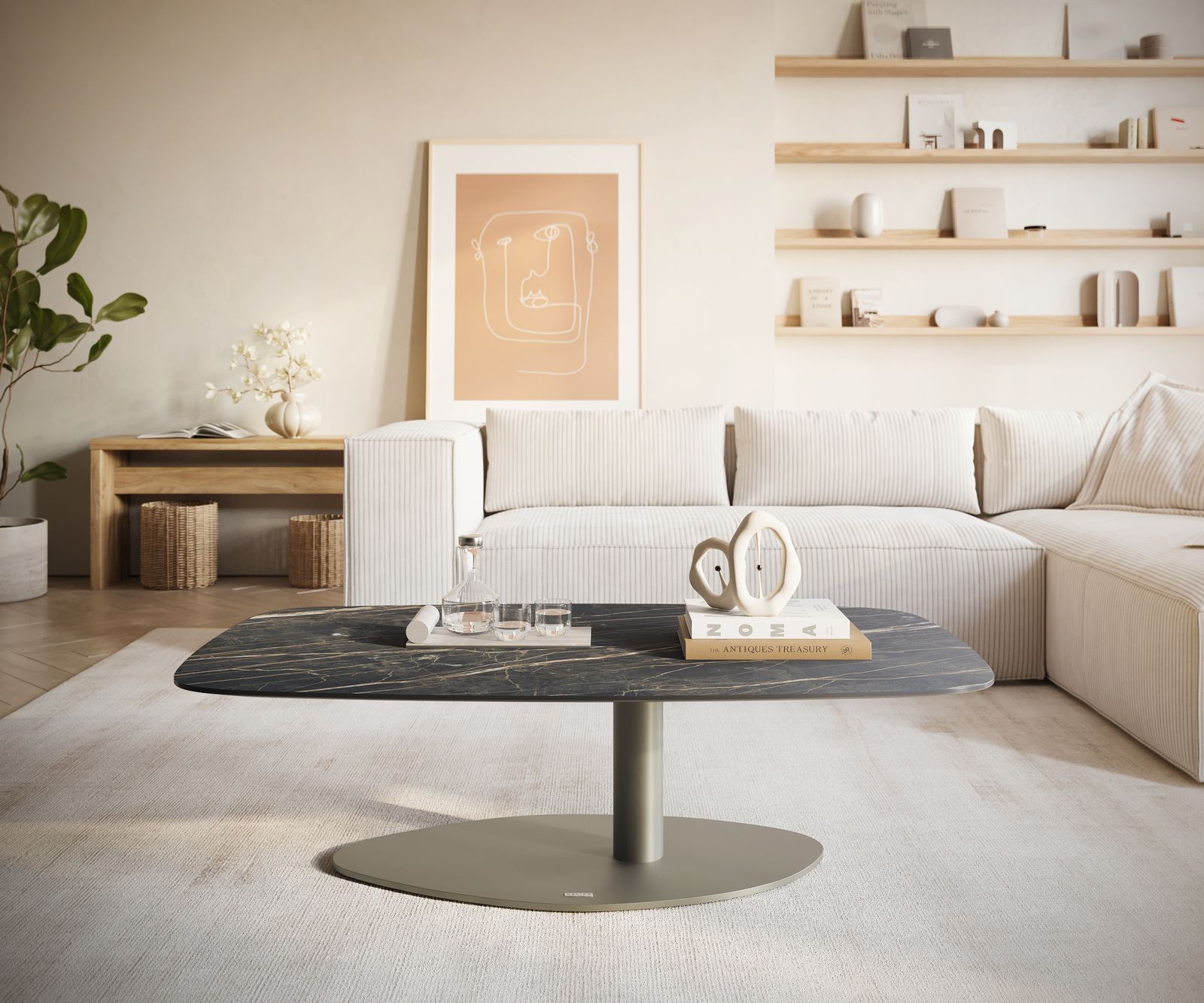 Dohányzóasztal Edge hajóformájú 120x70 cm Laminam® kerámia Noir Desir barna Vibany fém titán színű effekt finish - Image 2