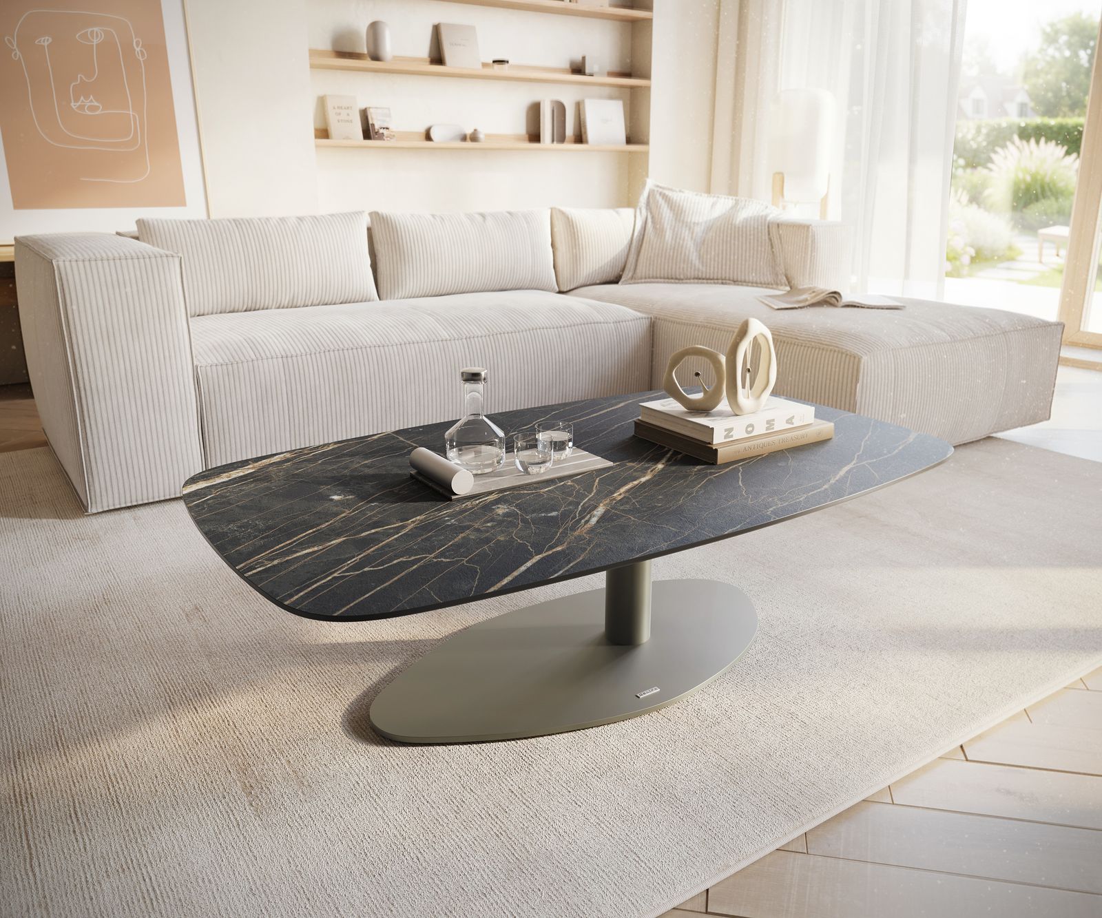 Dohányzóasztal Edge hajóformájú 120x70 cm Laminam® kerámia Noir Desir barna Vibany fém titán színű effekt finish