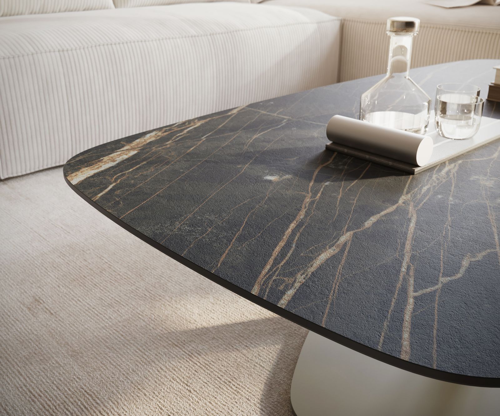 Dohányzóasztal Edge hajóformájú 120x70 cm Laminam® kerámia Noir Desir barna Vibany fém titán színű effekt finish - Image 6