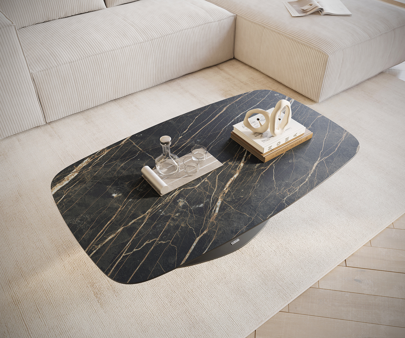 Dohányzóasztal Edge hajóformájú 120x70 cm Laminam® kerámia Noir Desir barna Vibany fém fekete - Image 4