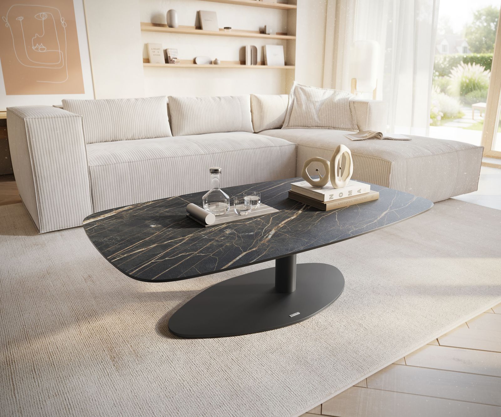 Dohányzóasztal Edge hajóformájú 120x70 cm Laminam® kerámia Noir Desir barna Vibany fém fekete