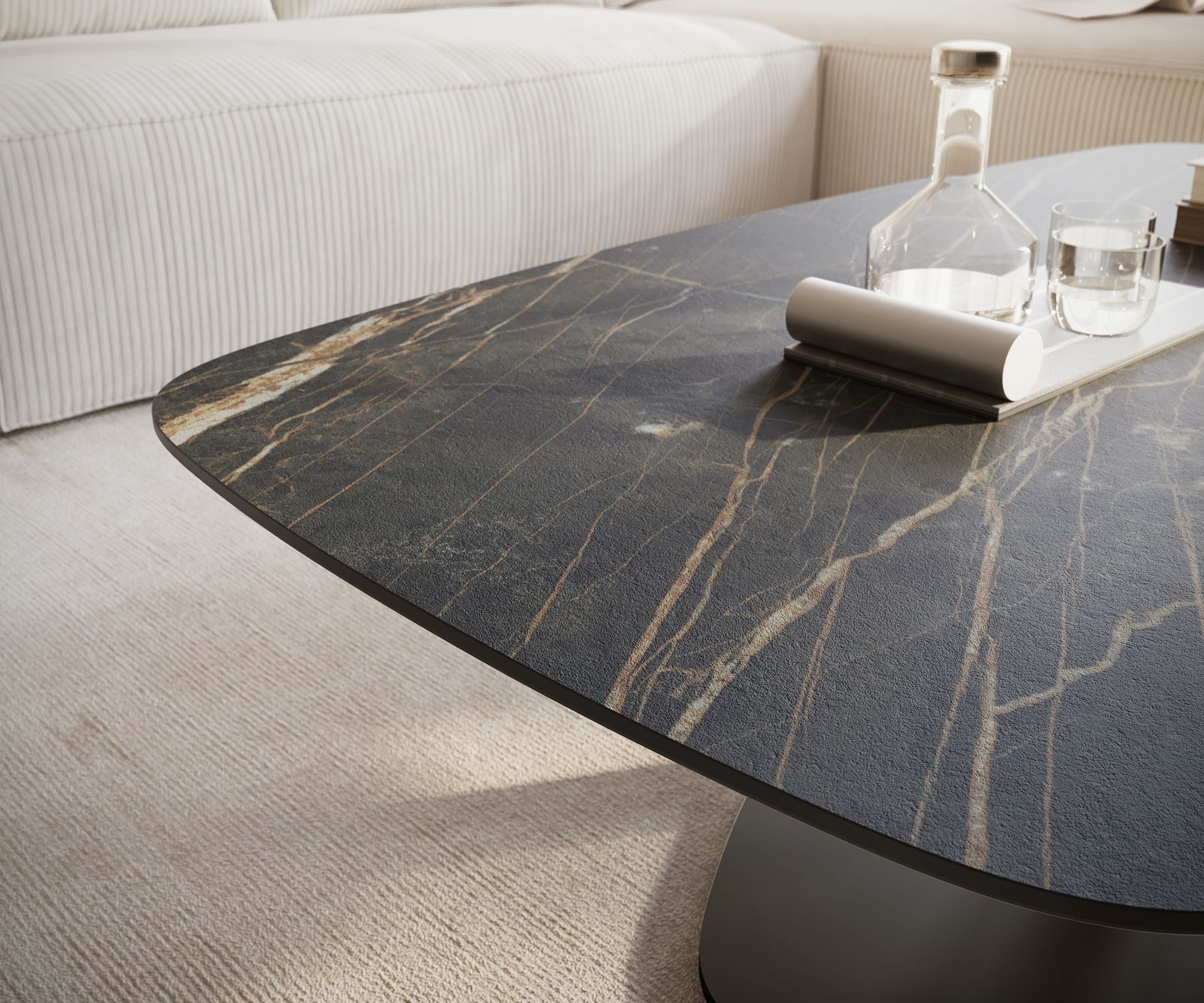 Dohányzóasztal Edge hajóformájú 120x70 cm Laminam® kerámia Noir Desir barna Vibany fém fekete - Image 6