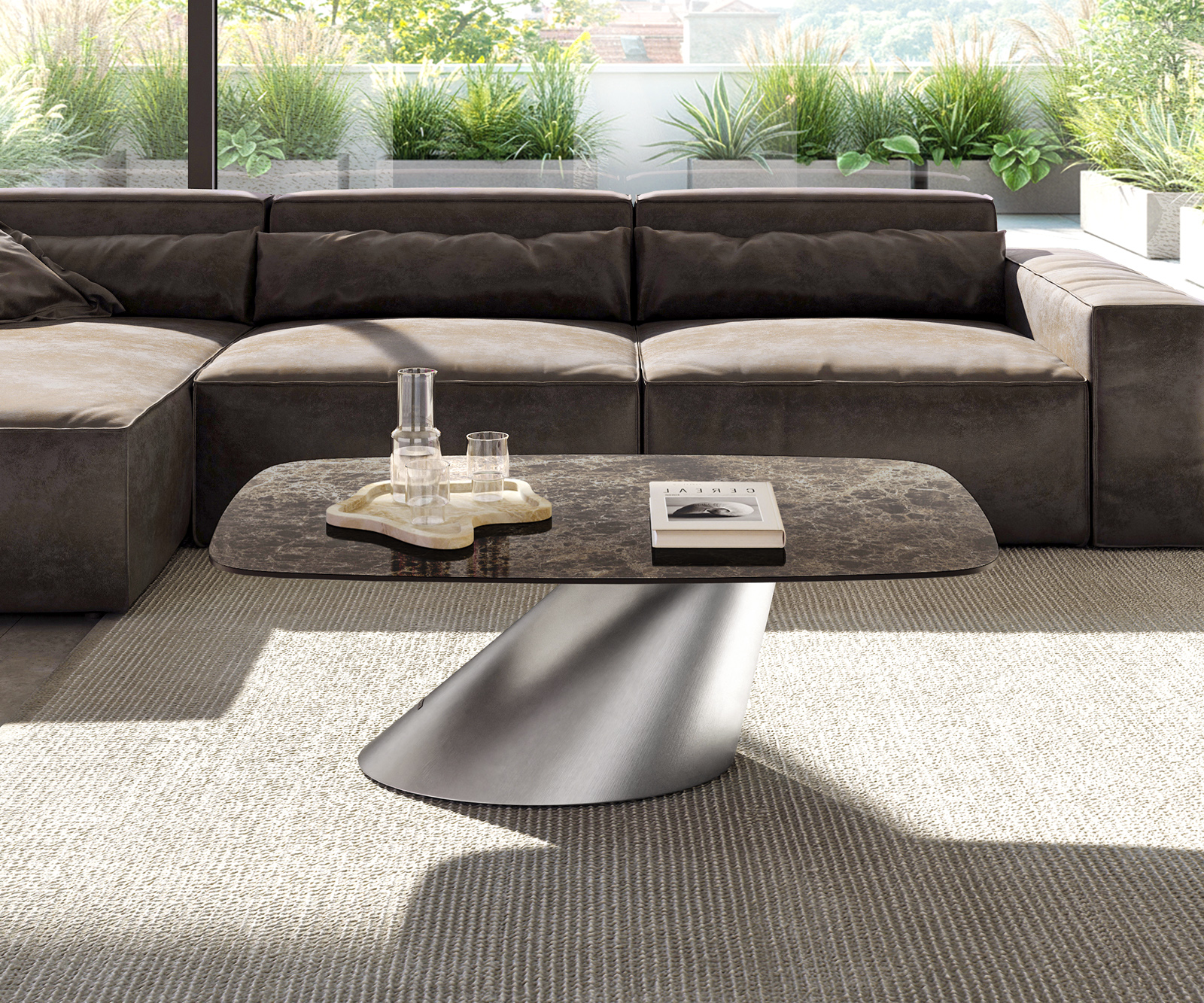 Dohányzóasztal Edge hajóformájú 120x70 cm Laminam® Emperador Extra Lucidato kerámia sötétbarna Conis rozsdamentes acél szálcsiszolt - Image 2