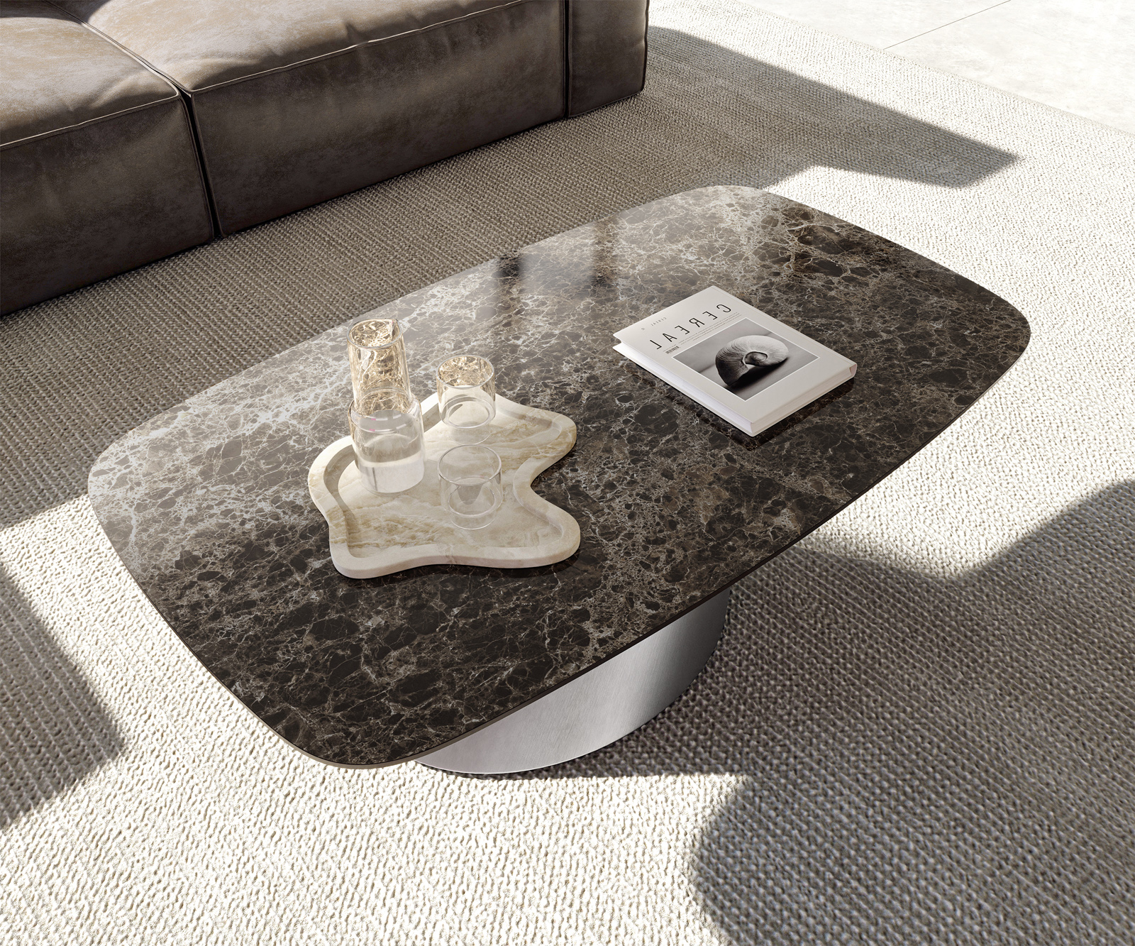 Dohányzóasztal Edge hajóformájú 120x70 cm Laminam® Emperador Extra Lucidato kerámia sötétbarna Conis rozsdamentes acél szálcsiszolt - Image 4