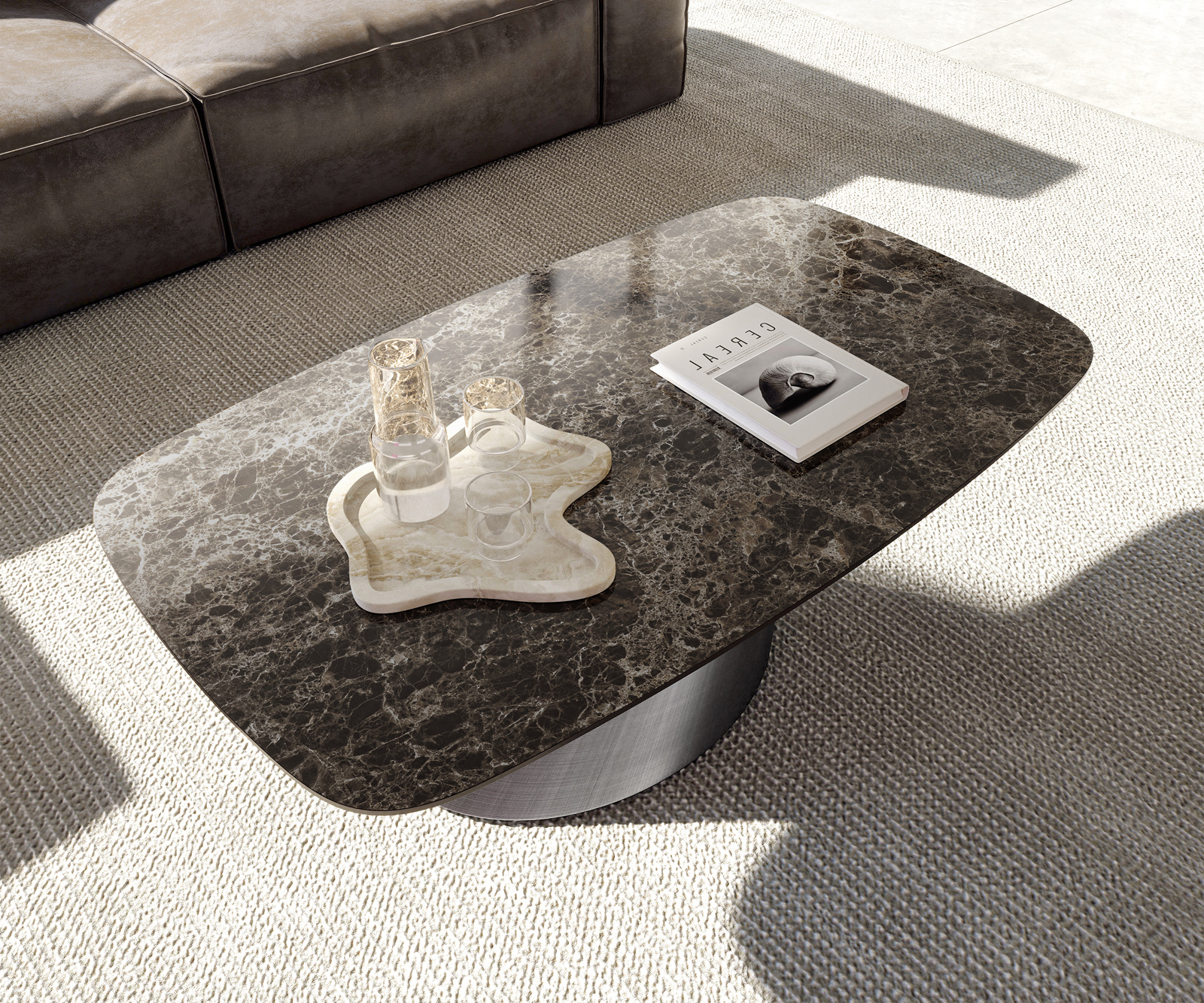 Dohányzóasztal Edge hajóformájú 120x70 cm Laminam® Emperador kerámia extra fényes sötétbarna Conis metál ezüst - Image 4