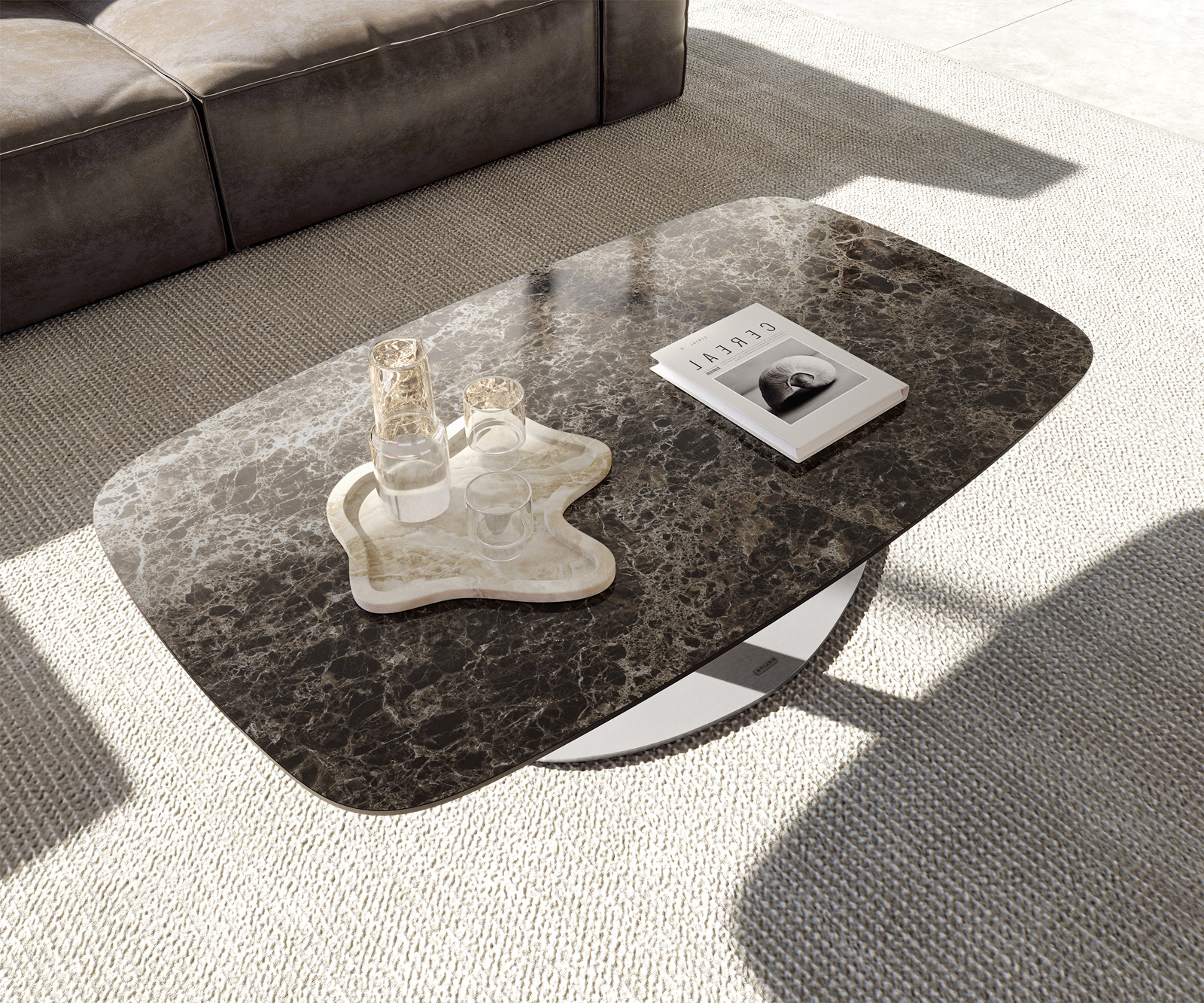 Dohányzóasztal Edge hajóformájú 120x70 cm Laminam® Emperador kerámia extra polírozott sötétbarna Vibany rozsdamentes acél szálcsiszolt - Image 4