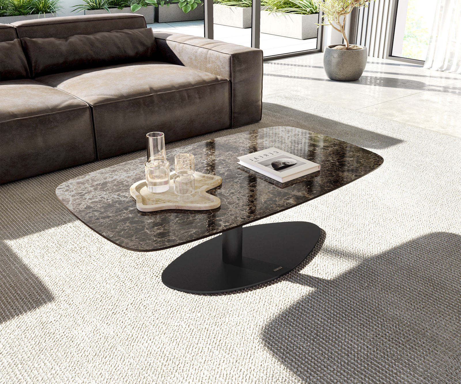 Dohányzóasztal Edge hajóformájú 120x70 cm Laminam® Emperador Extra Lucidato kerámia sötétbarna Vibany fém fekete