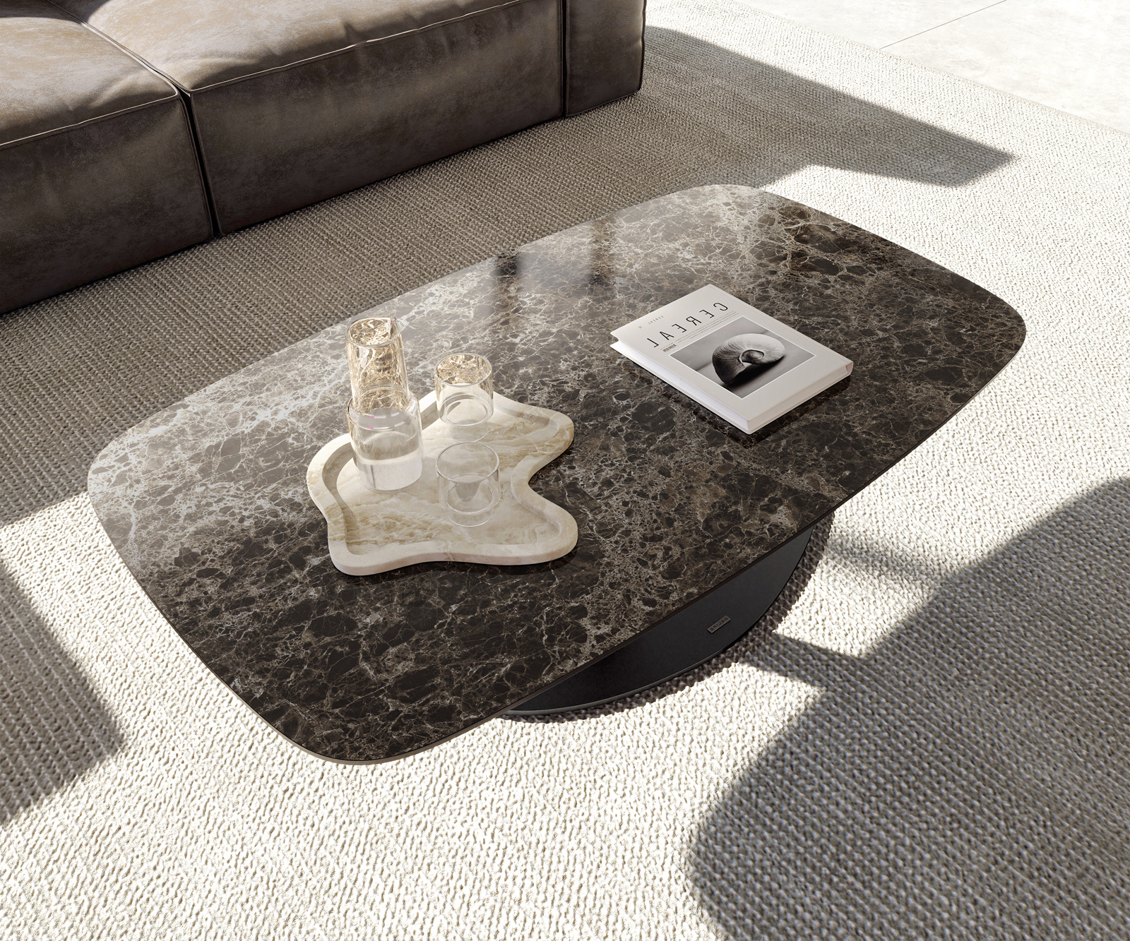 Dohányzóasztal Edge hajóformájú 120x70 cm Laminam® Emperador Extra Lucidato kerámia sötétbarna Vibany fém fekete - Image 4