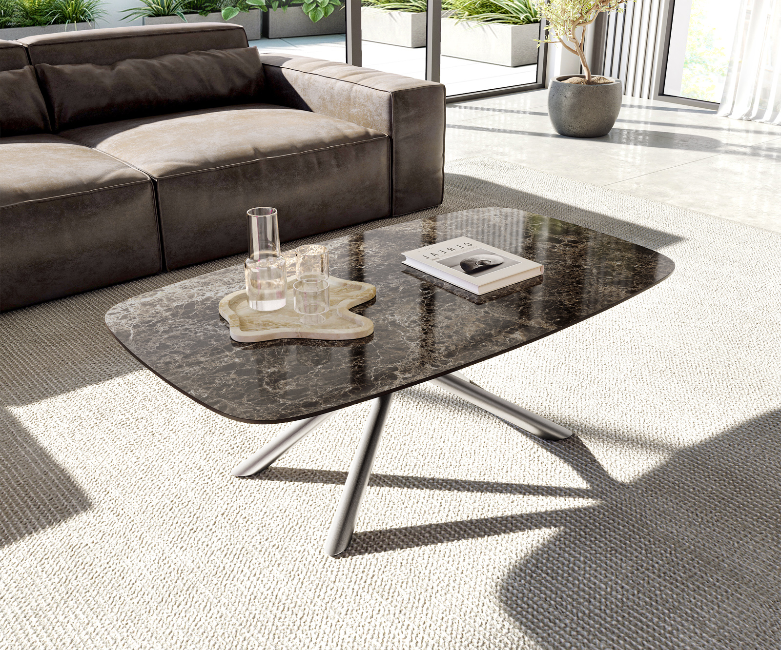 Dohányzóasztal Edge hajóformájú 120x70 cm Laminam® Emperador kerámia extra polírozott sötétbarna Sarity rozsdamentes acél szálcsiszolt