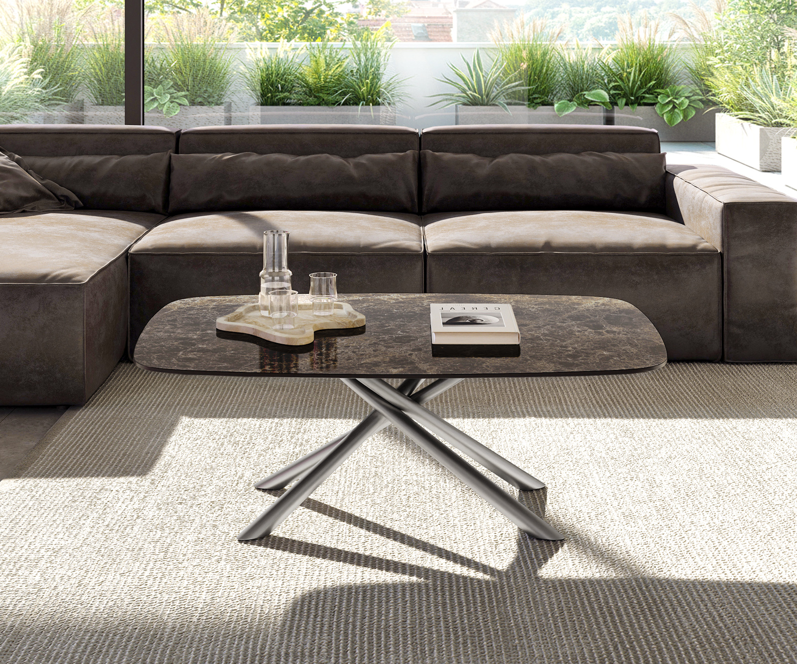 Dohányzóasztal Edge hajóformájú 120x70 cm Laminam® Emperador kerámia extra polírozott sötétbarna Sarity rozsdamentes acél szálcsiszolt - Image 2