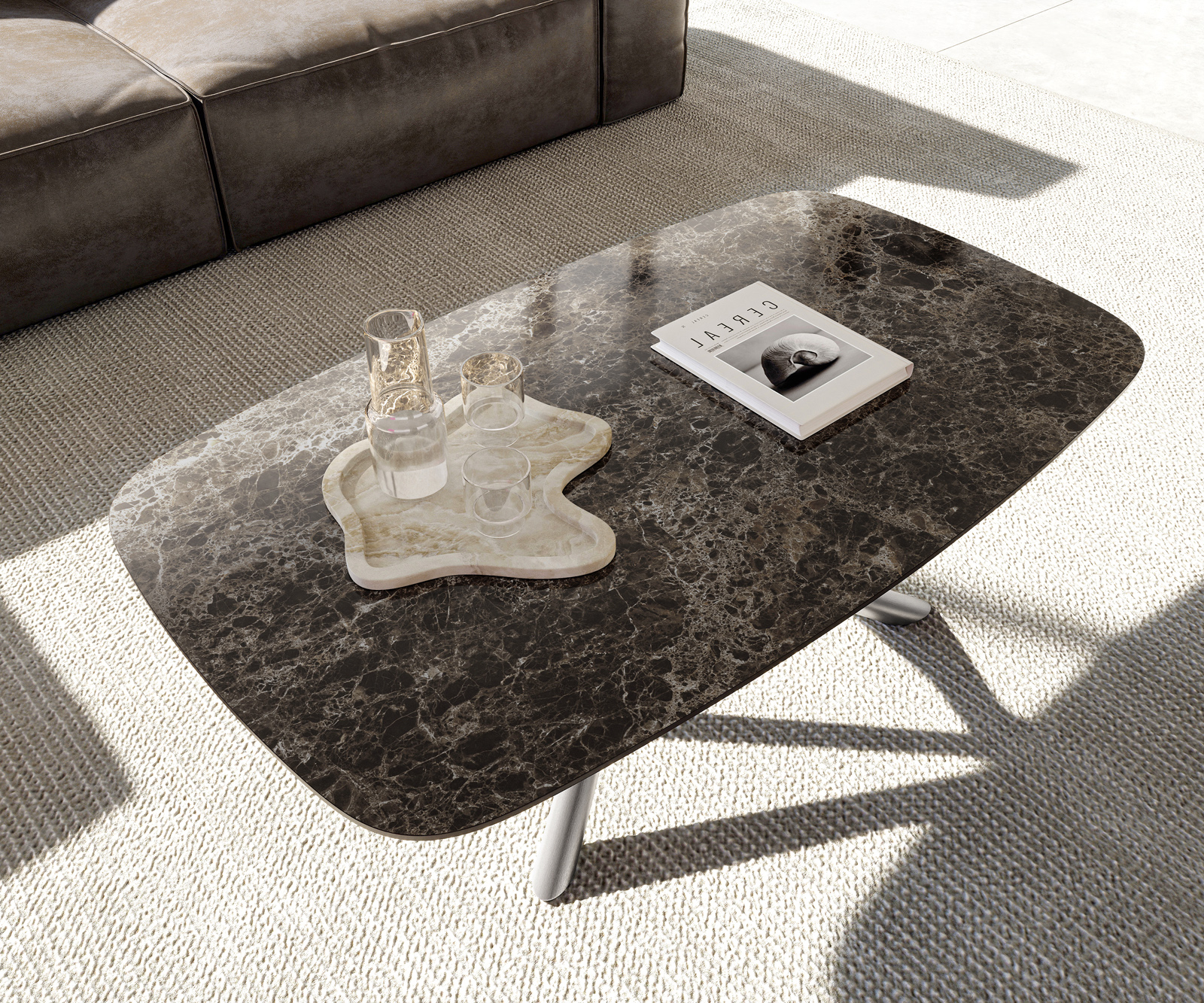 Dohányzóasztal Edge hajóformájú 120x70 cm Laminam® Emperador kerámia extra polírozott sötétbarna Sarity rozsdamentes acél szálcsiszolt - Image 4