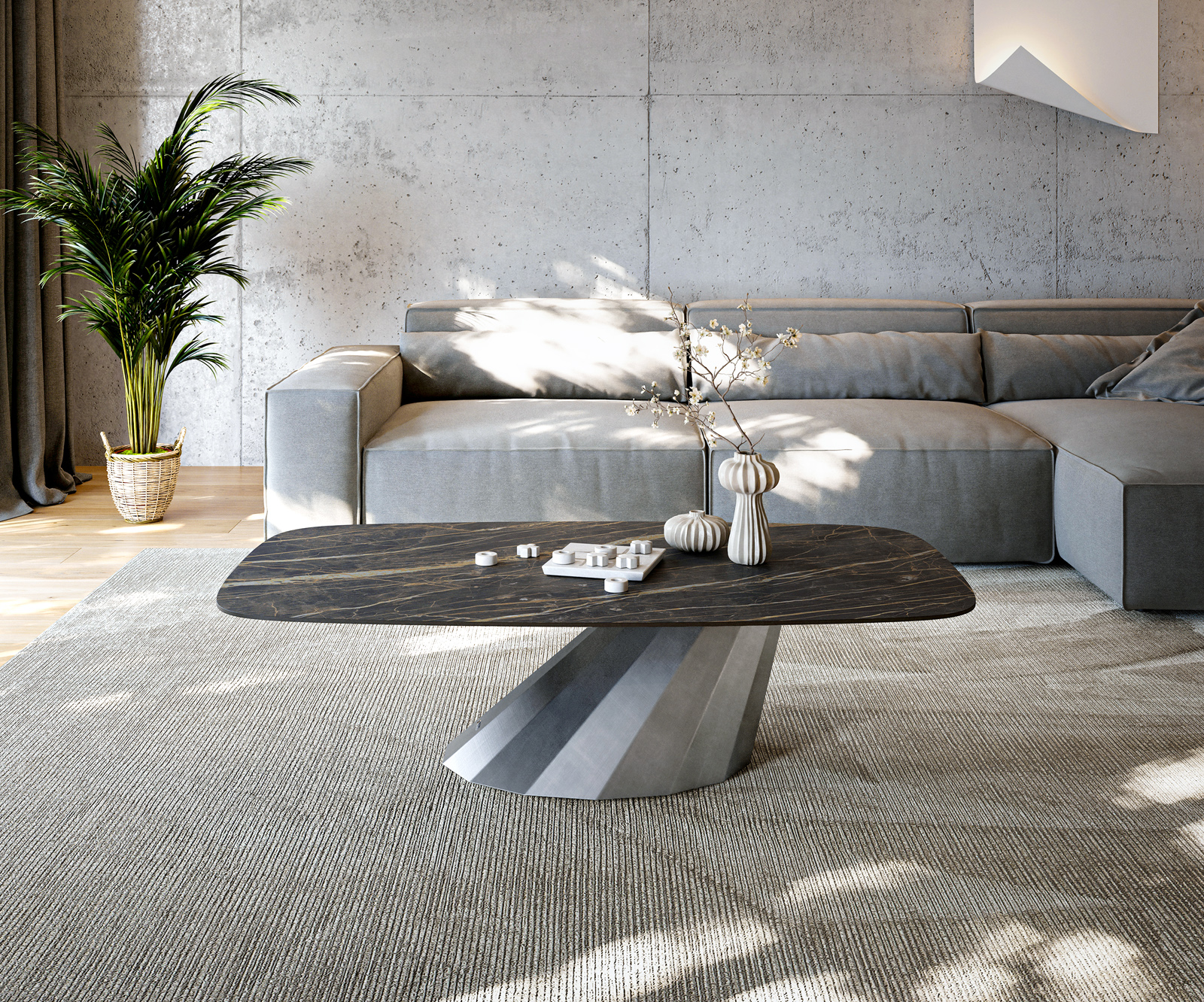 Dohányzóasztal Edge hajóformájú 140x80 cm Laminam® kerámia Noir Desir barna Parabi metál ezüst