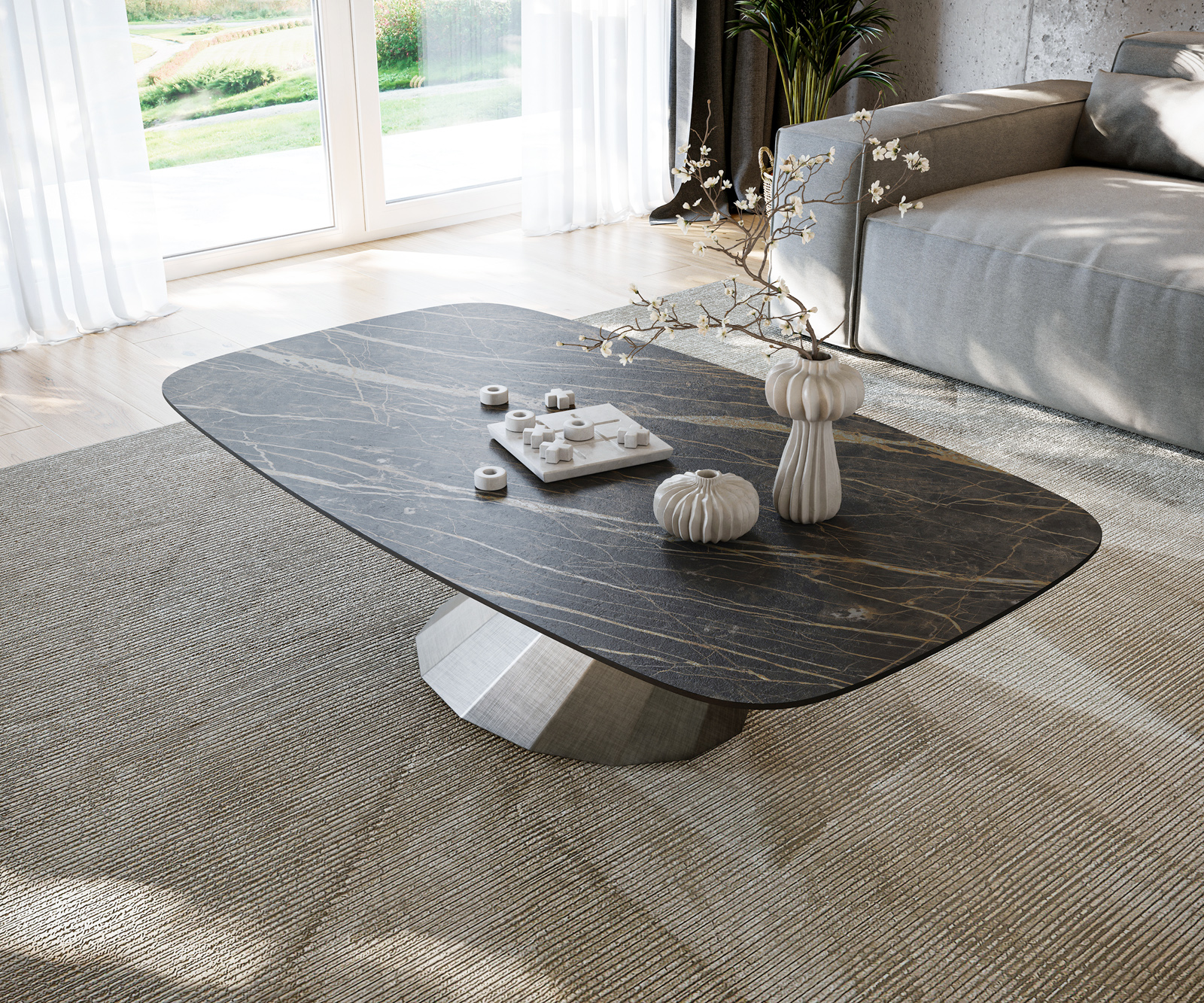 Dohányzóasztal Edge hajóformájú 140x80 cm Laminam® kerámia Noir Desir barna Parabi metál ezüst - Image 4