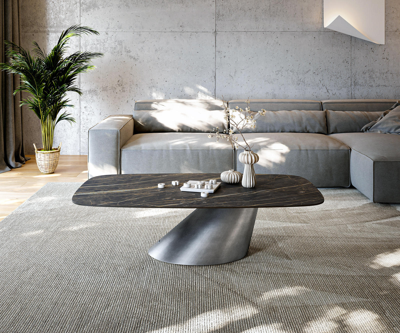 Dohányzóasztal Edge hajóformájú 140x80 cm Laminam® kerámia Noir Desir barna Conis metál ezüst