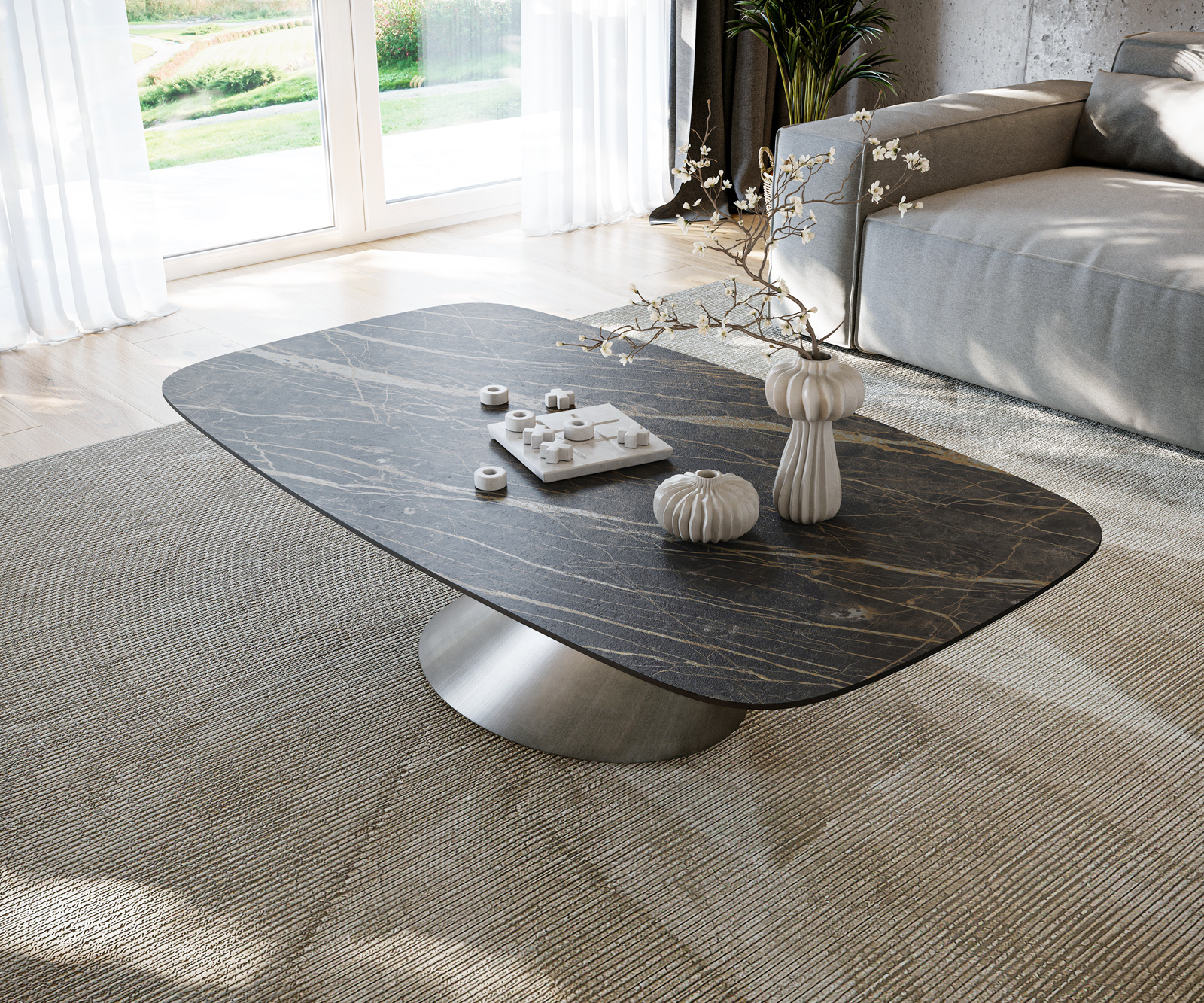 Dohányzóasztal Edge hajóformájú 140x80 cm Laminam® kerámia Noir Desir barna Conis metál ezüst - Image 4