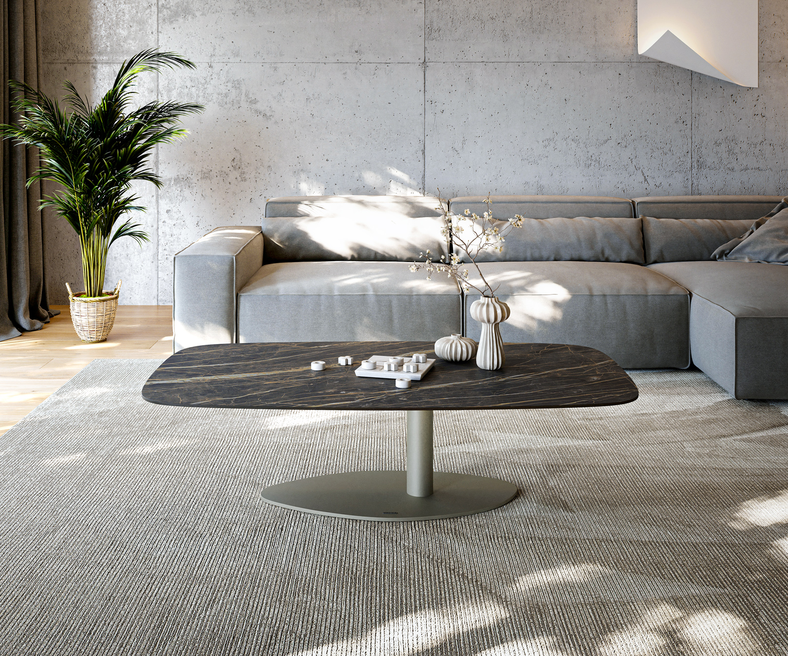 Dohányzóasztal Edge hajóformájú 140x80 cm Laminam® kerámia Noir Desir barna Vibany fém titán effektfinish