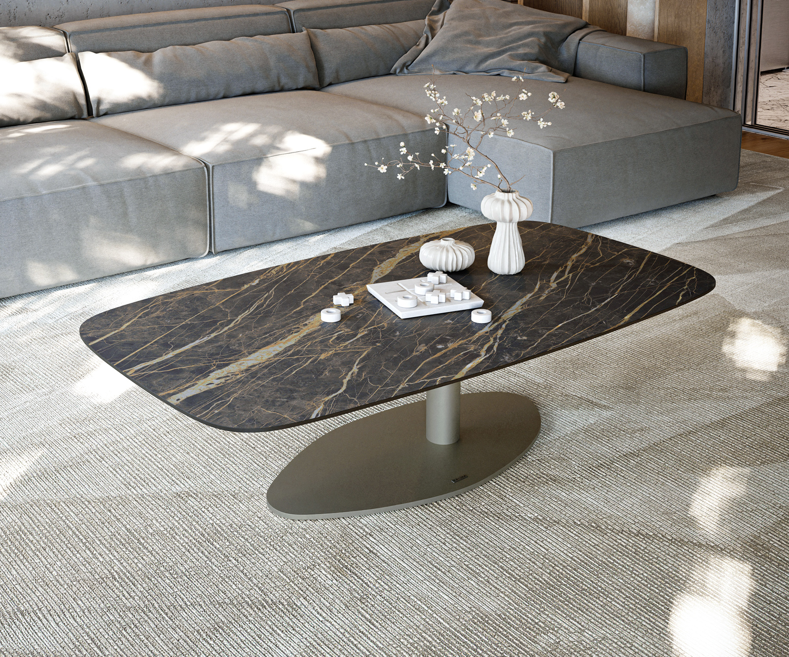 Dohányzóasztal Edge hajóformájú 140x80 cm Laminam® kerámia Noir Desir barna Vibany fém titán effektfinish - Image 2