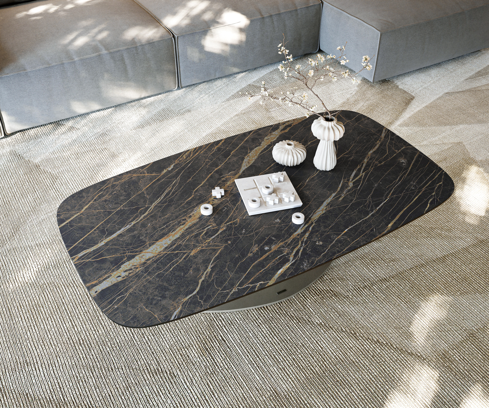 Dohányzóasztal Edge hajóformájú 140x80 cm Laminam® kerámia Noir Desir barna Vibany fém titán effektfinish - Image 6