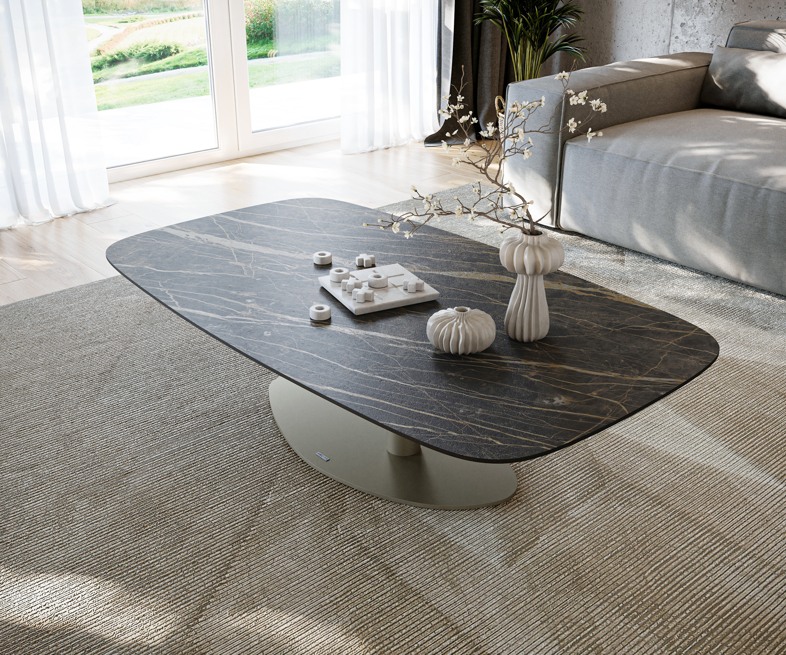 Dohányzóasztal Edge hajóformájú 140x80 cm Laminam® kerámia Noir Desir barna Vibany fém titán effektfinish - Image 4