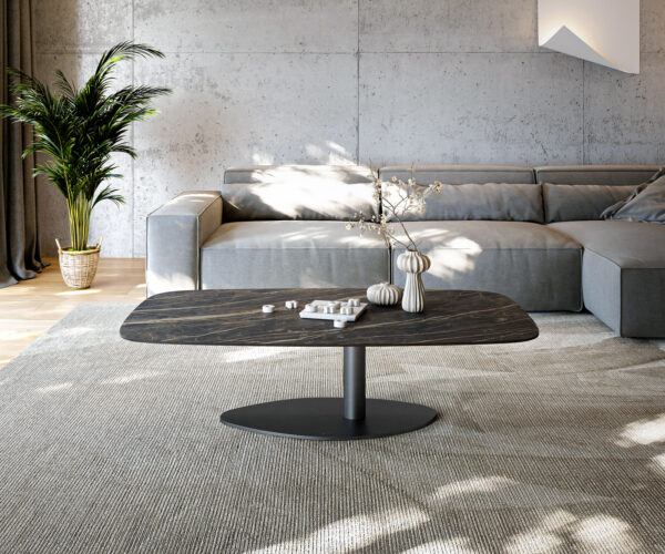 Dohányzóasztal Edge hajóformájú 140x80 cm Laminam® kerámia Noir Desir barna Vibany fém fekete