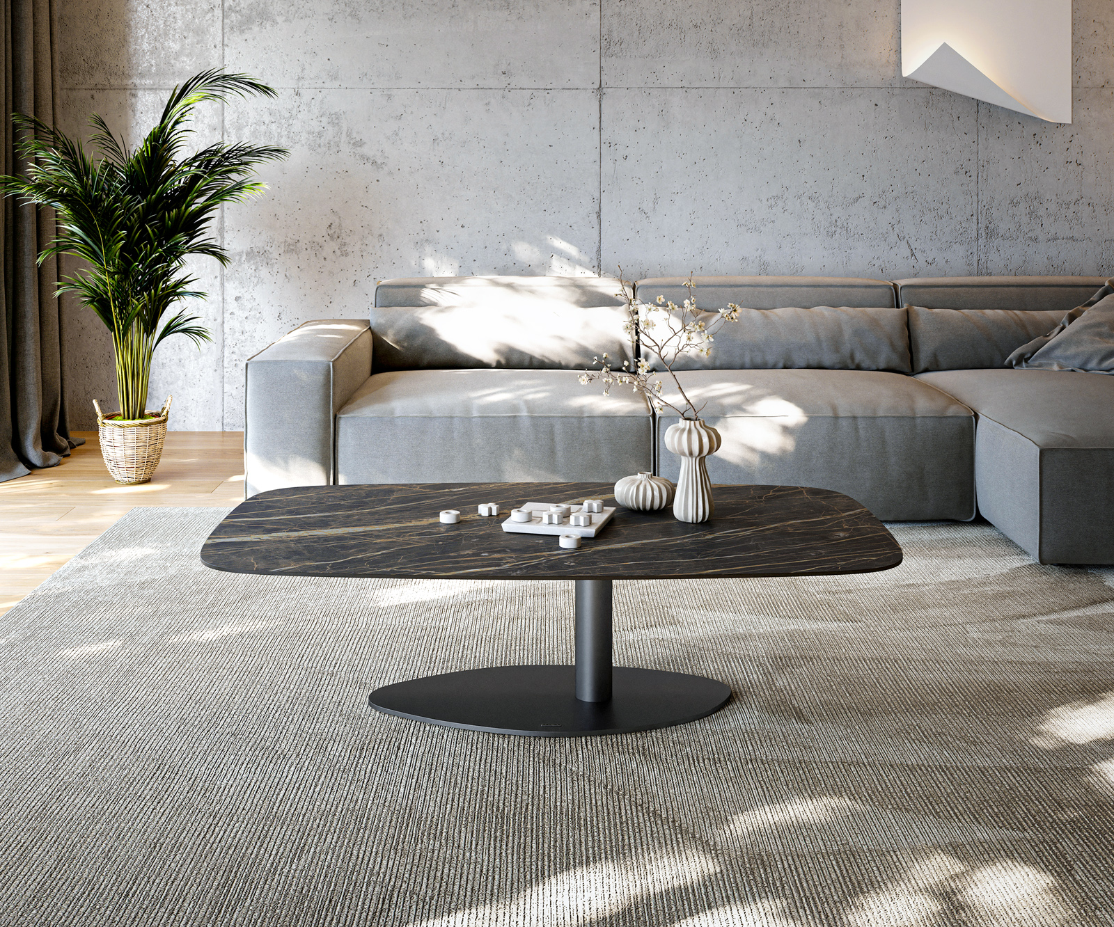 Dohányzóasztal Edge hajóformájú 140x80 cm Laminam® kerámia Noir Desir barna Vibany fém fekete