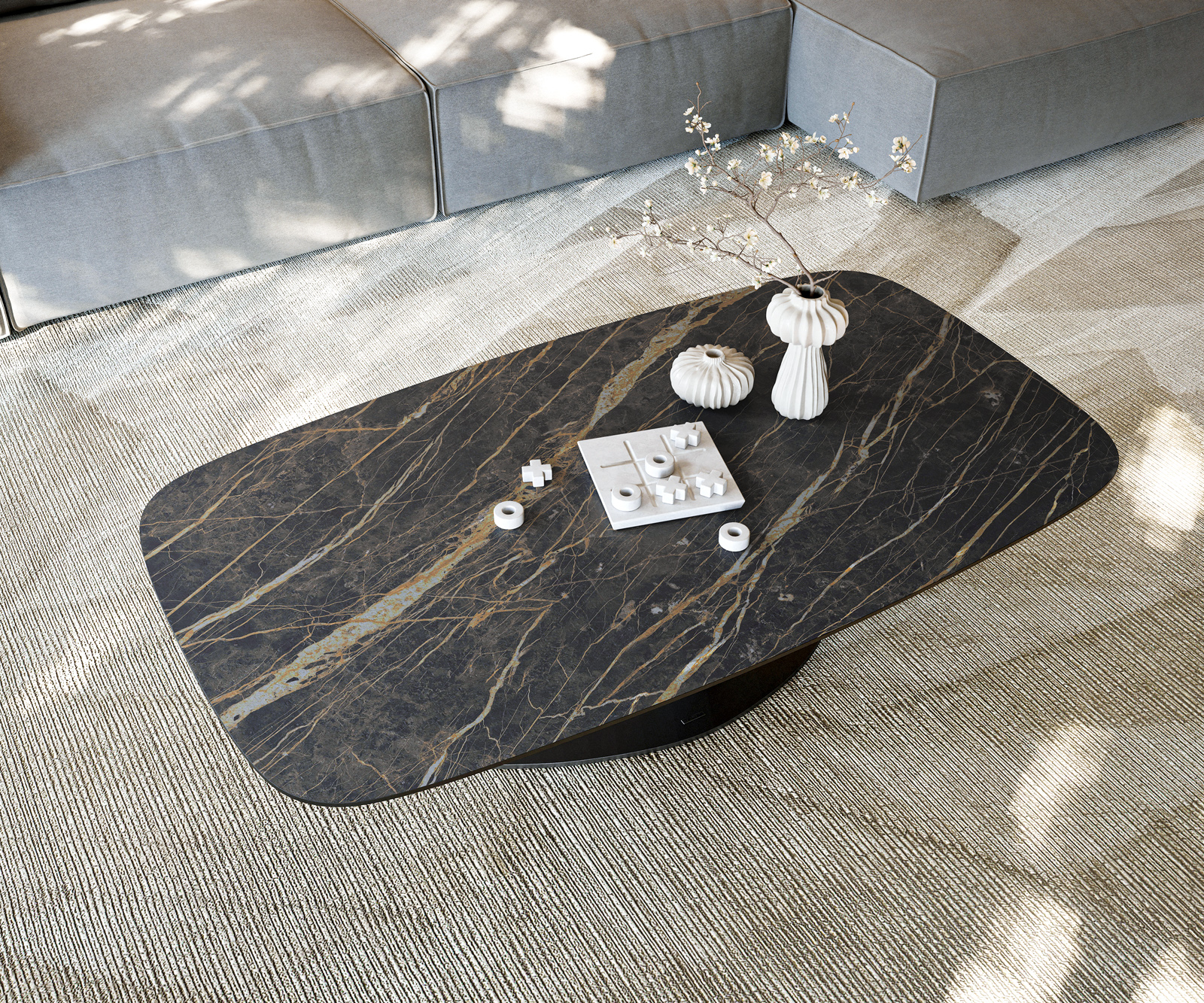 Dohányzóasztal Edge hajóformájú 140x80 cm Laminam® kerámia Noir Desir barna Vibany fém fekete - Image 6