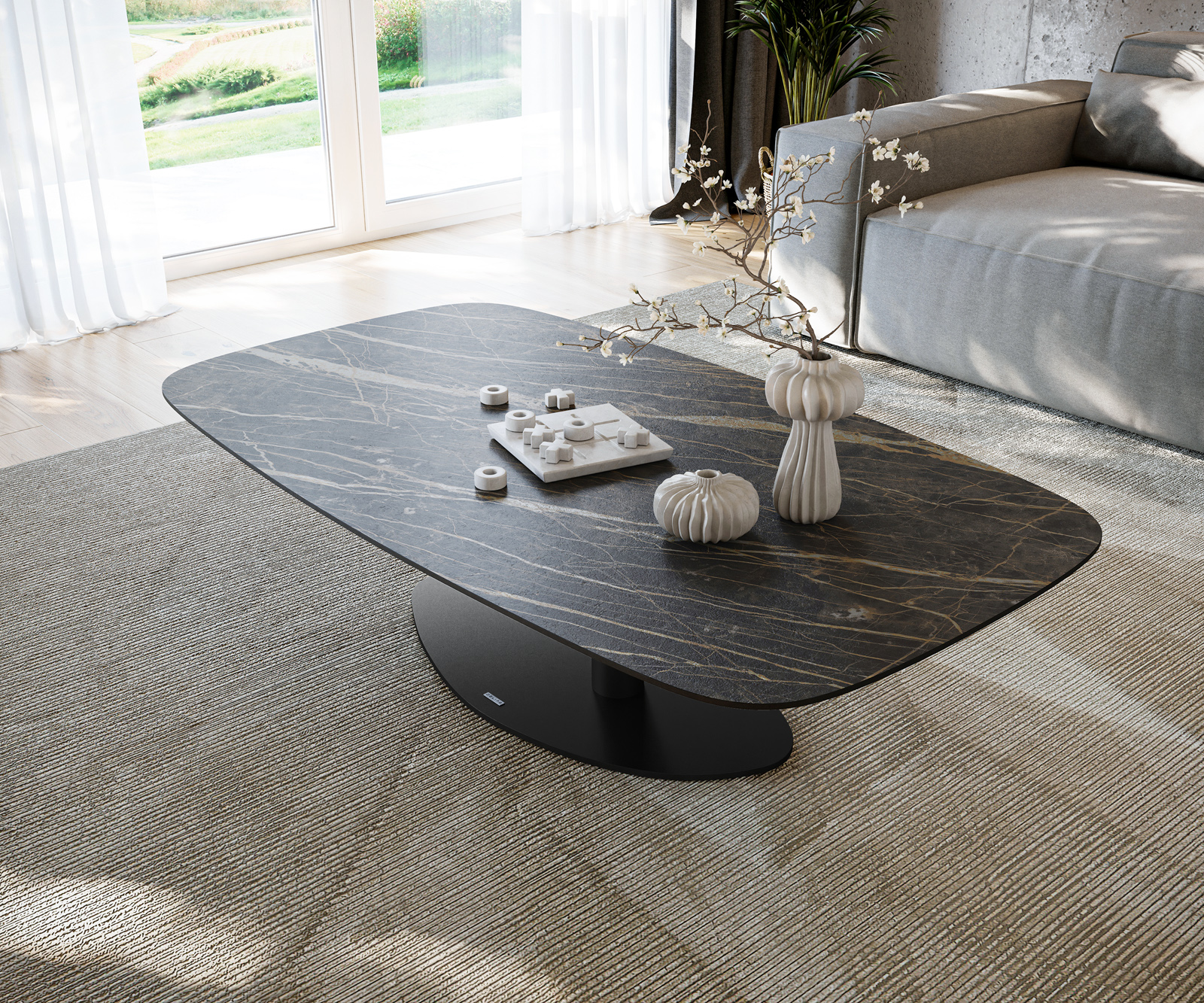 Dohányzóasztal Edge hajóformájú 140x80 cm Laminam® kerámia Noir Desir barna Vibany fém fekete - Image 4