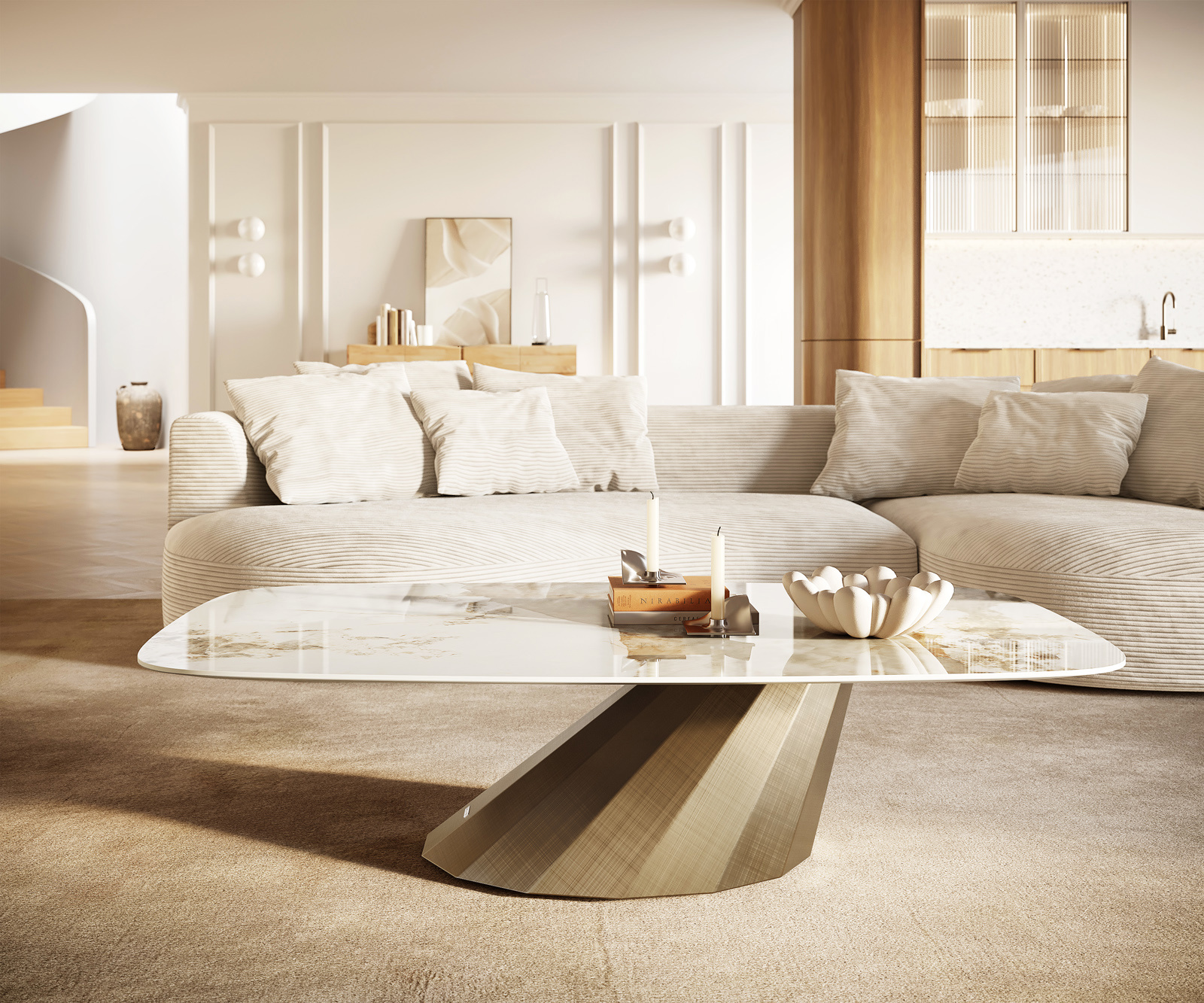 Dohányzóasztal Edge hajóformájú 140x80 cm kerámia Minas Melange Parabi metál arany - Image 2