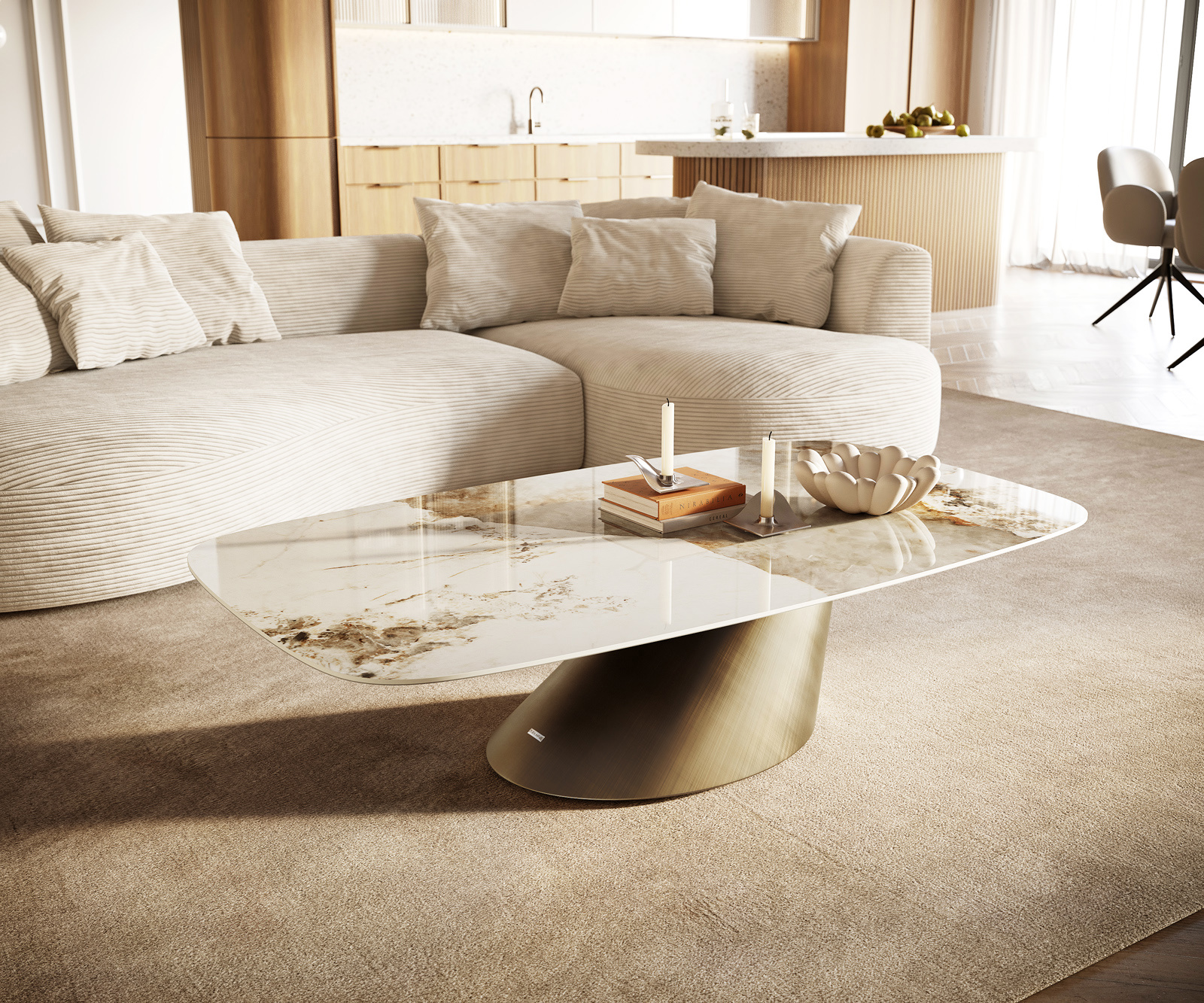 Dohányzóasztal Edge hajóformájú 140x80 cm kerámia Minas Melange Conis metál arany