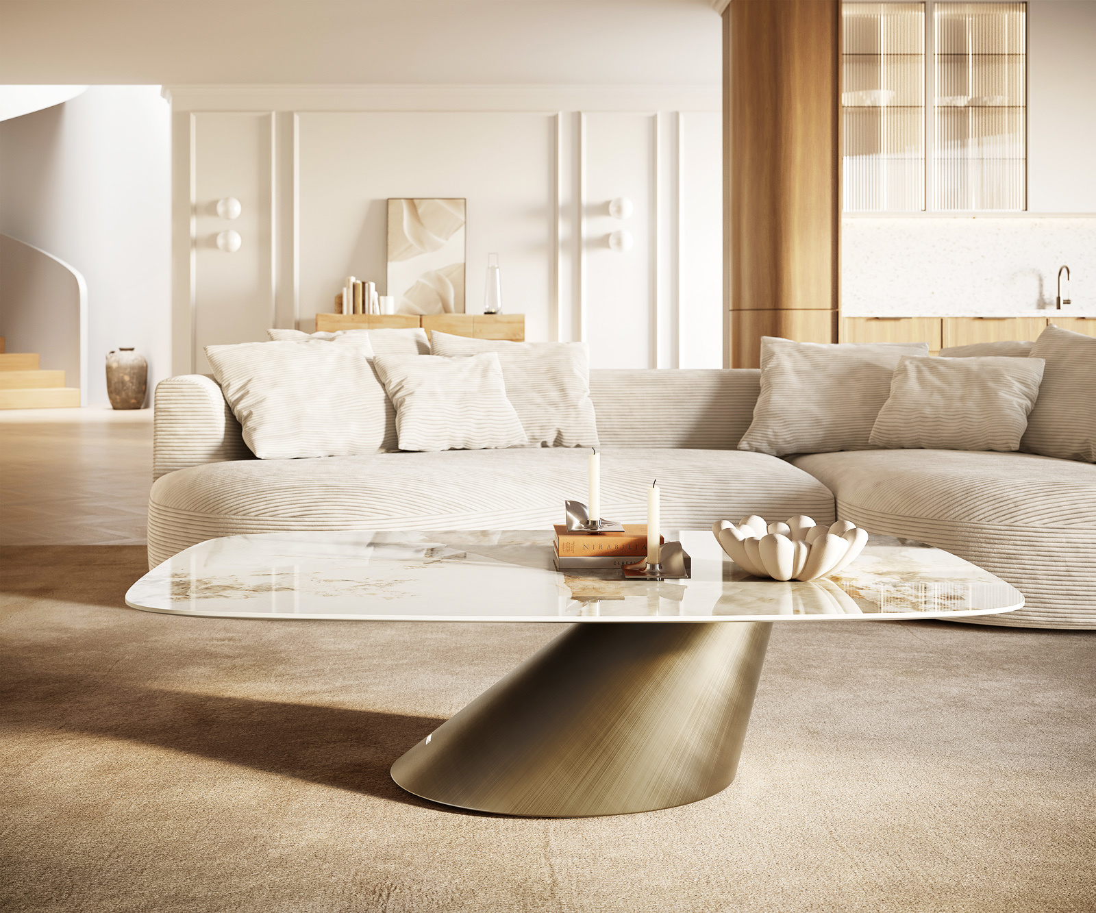 Dohányzóasztal Edge hajóformájú 140x80 cm kerámia Minas Melange Conis metál arany - Image 2