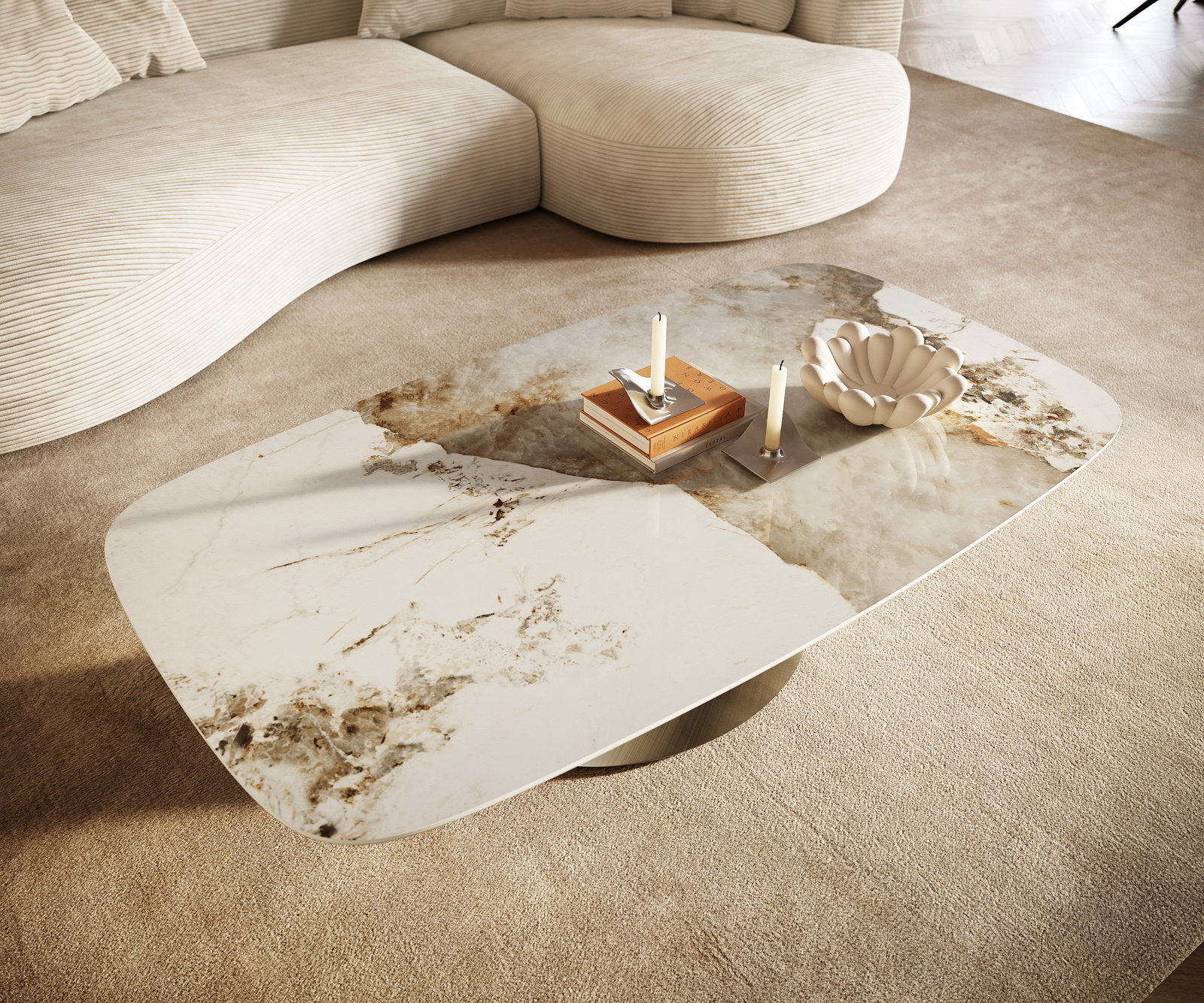 Dohányzóasztal Edge hajóformájú 140x80 cm kerámia Minas Melange Conis metál arany - Image 6