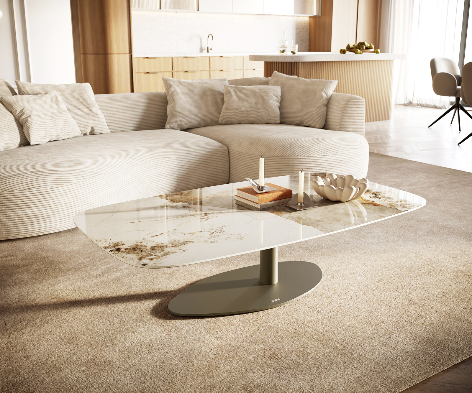 Dohányzóasztal Edge hajóformájú 140x80 cm kerámia Minas Melange Vibany fém titán színű effektfinish