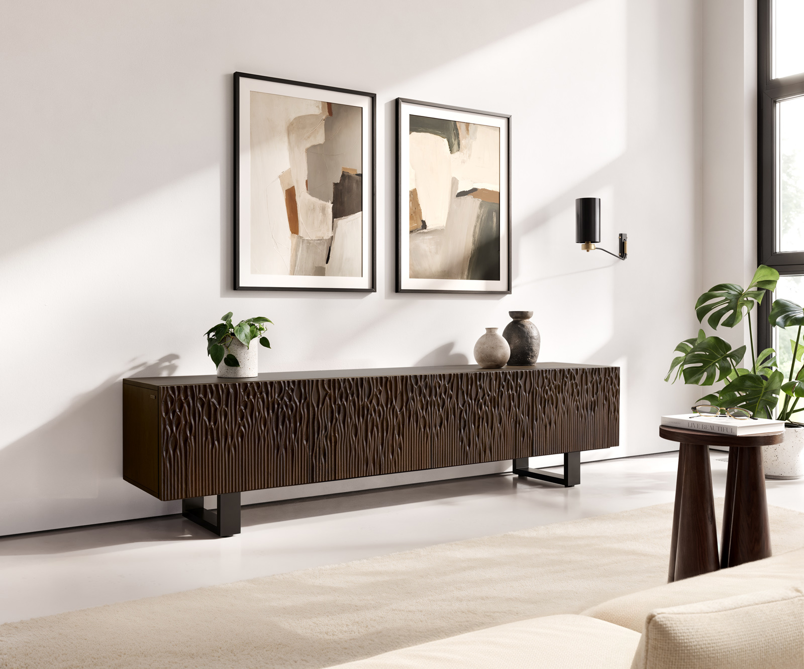 TV szekrény Follia 200 cm mango barna 4 ajtós vékony láb fém fekete