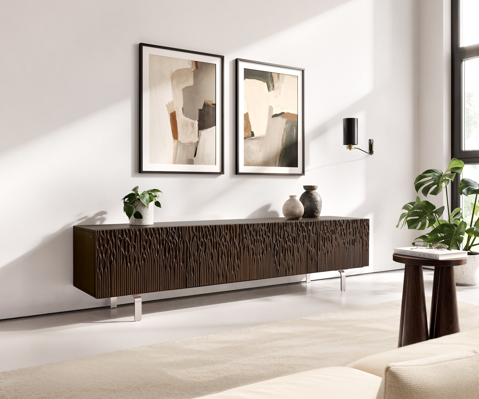 TV szekrény Follia 200 cm mango barna 4 ajtós L-láb rozsdamentes acél szálcsiszolt