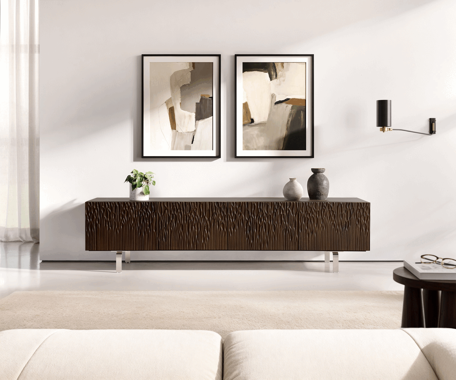 TV szekrény Follia 200 cm mango barna 4 ajtós L-láb rozsdamentes acél szálcsiszolt - Image 2